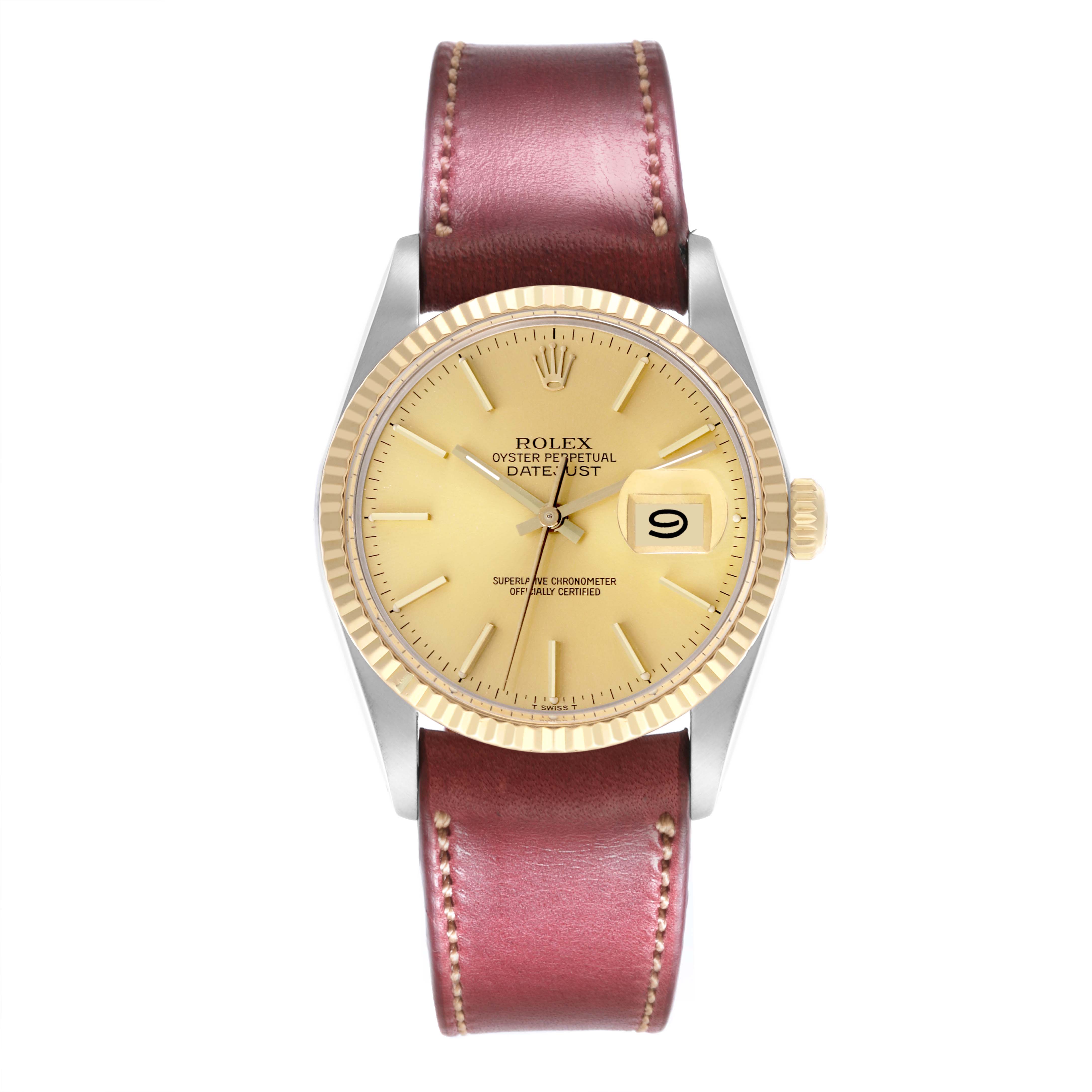 The Rolex Datejust 16013 Men's Steel and Gold (two tone) Champagne Dial 16013 Men's Steel and Gold (two tone) Champagne Dial watch is shown from the front, displaying the dial, bezel, crown, and leather strap.