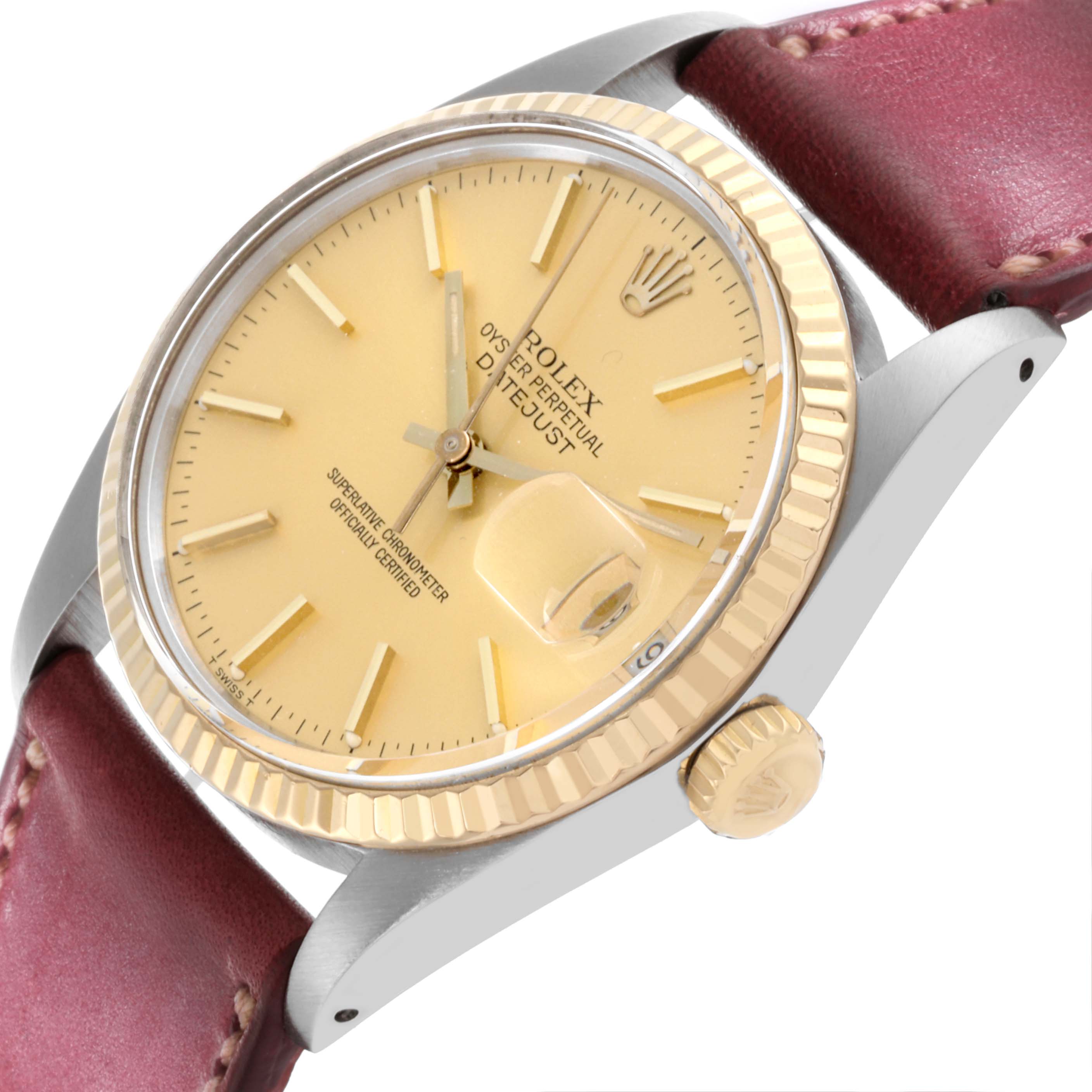 The Rolex Datejust 16013 Men's Steel and Gold (two tone) Champagne Dial 16013 Men's Steel and Gold (two tone) Champagne Dial watch is shown from a three-quarter angle, highlighting the face, crown, and leather strap.