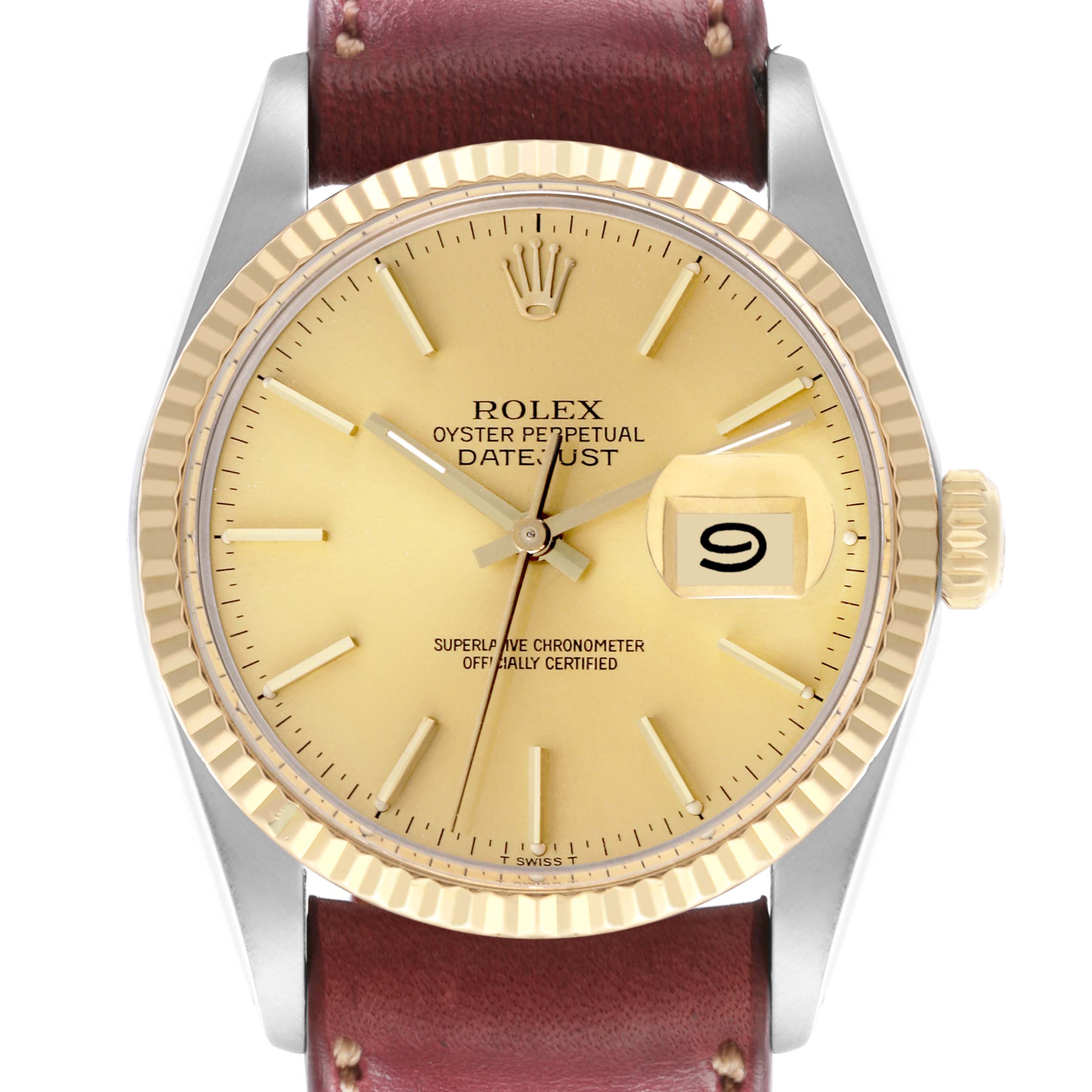 The Rolex Datejust 16013 Men's Steel and Gold (two tone) Champagne Dial 16013 Men's Steel and Gold (two tone) Champagne Dial watch is shown from the front, highlighting its dial, bezel, and crown.