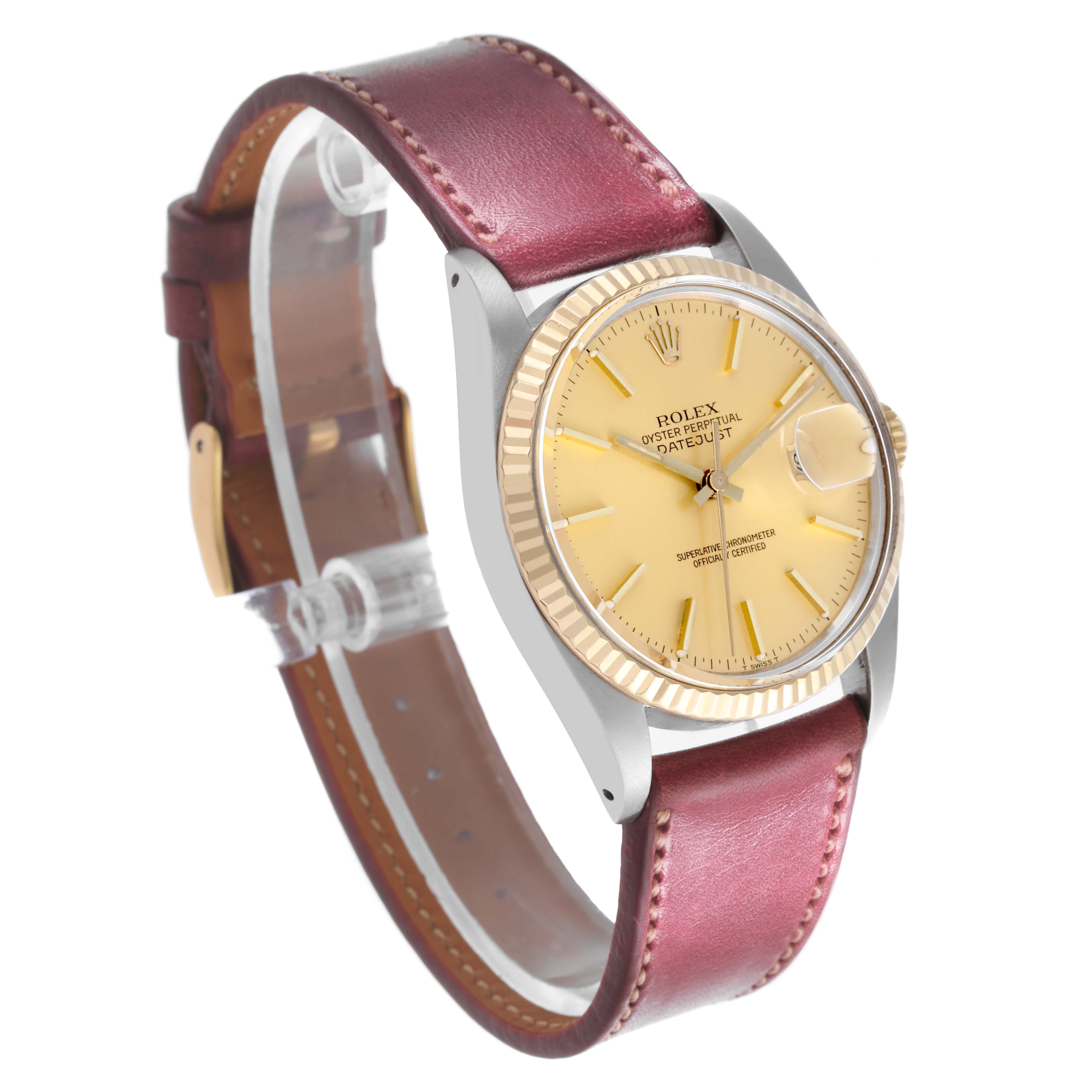 The image shows a Rolex Datejust 16013 Men's Steel and Gold (two tone) Champagne Dial 16013 Men's Steel and Gold (two tone) Champagne Dial watch from a three-quarter angle, highlighting the dial, bezel, and leather strap.