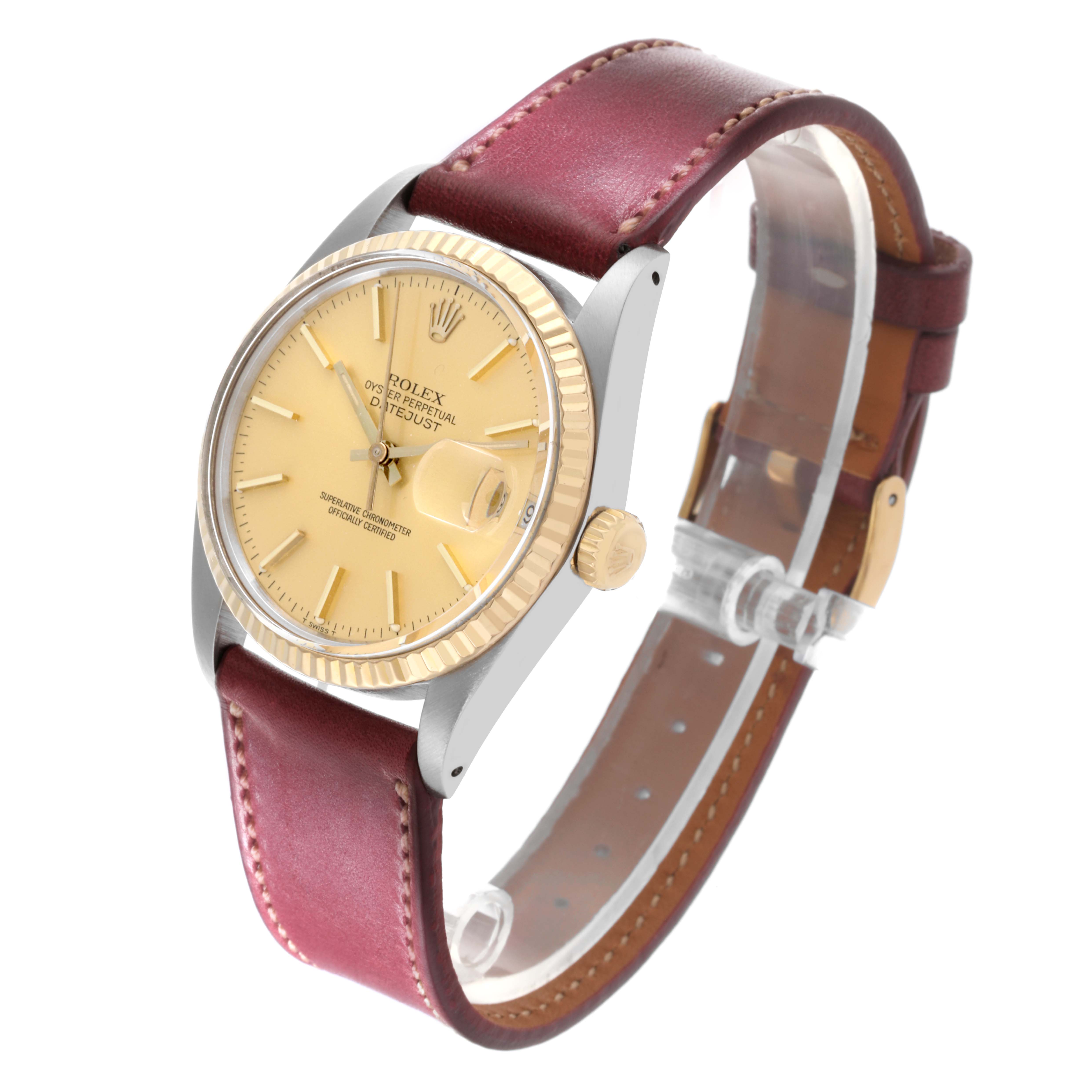 The Rolex Datejust 16013 Men's Steel and Gold (two tone) Champagne Dial 16013 Men's Steel and Gold (two tone) Champagne Dial watch is shown at a slight angle, showcasing the dial, bezel, crown, and leather strap.