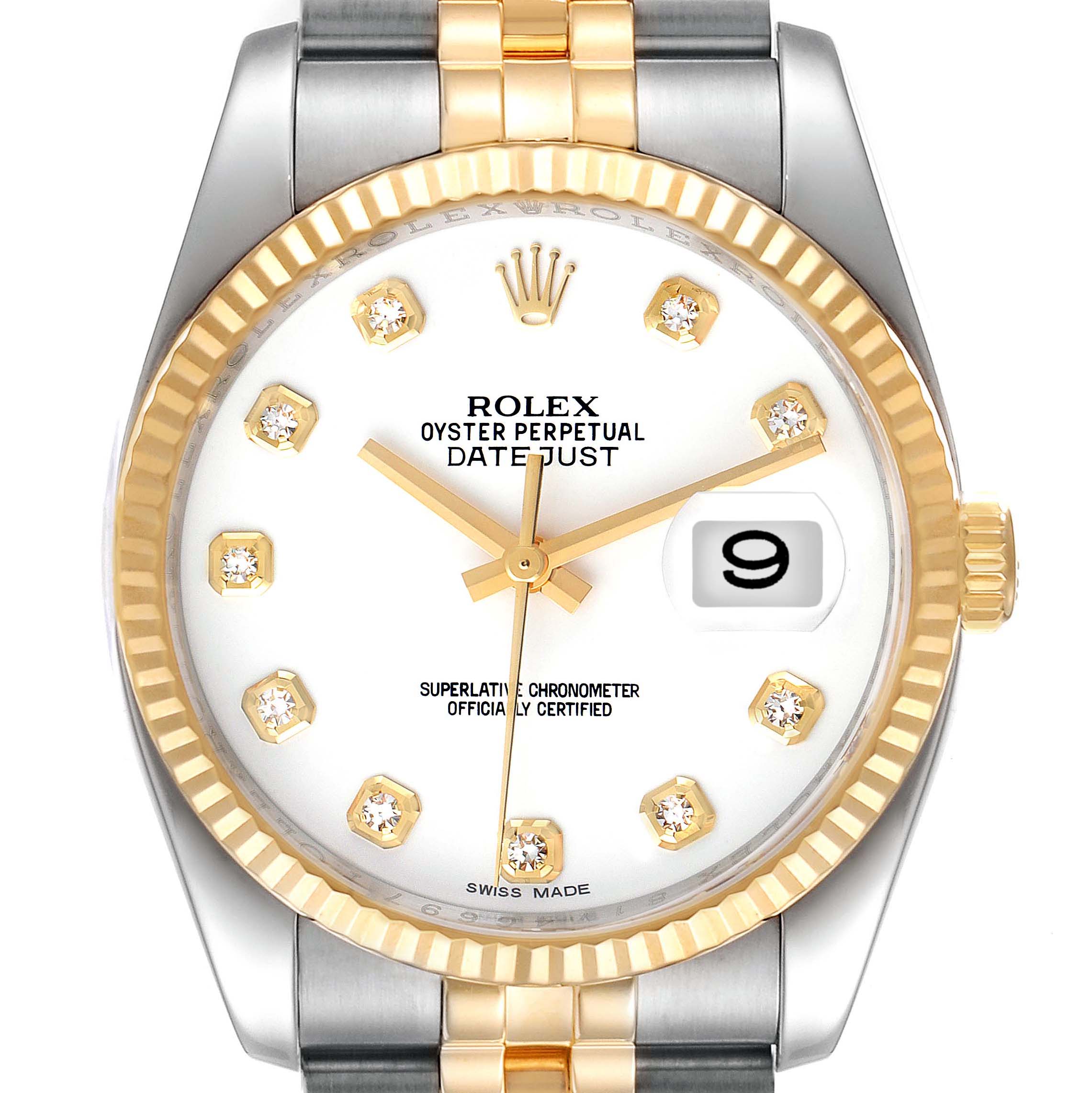The image shows the front view of a Rolex Datejust 116233 Men's Steel and Gold (two tone) White Dial 116233 Men's Steel and Gold (two tone) White Dial watch, highlighting its gold and silver bezel, white dial, and date window.