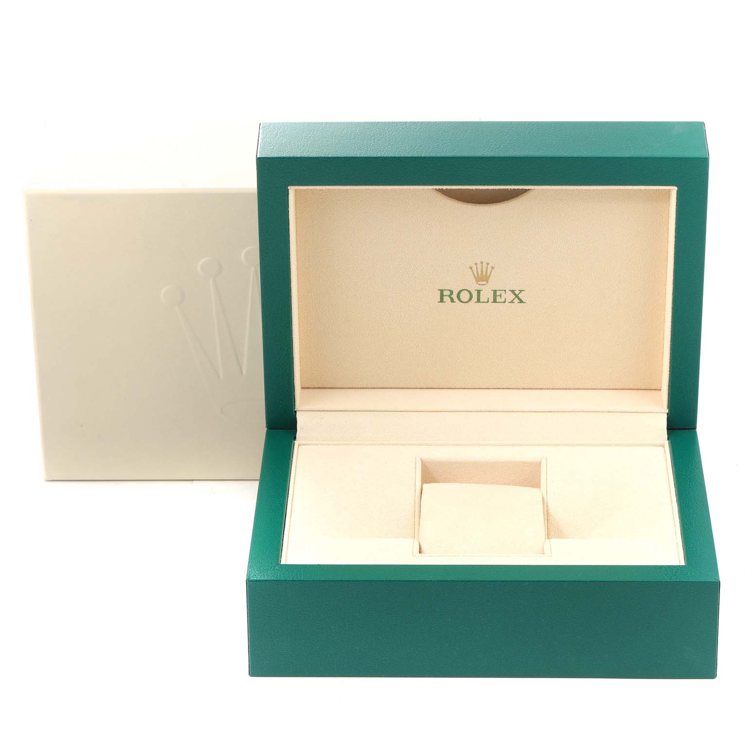This image shows an open Rolex Datejust 116233 Men's Steel and Gold (two tone) White Dial 116233 Men's Steel and Gold (two tone) White Dial green watch box with a beige interior and Rolex branding.