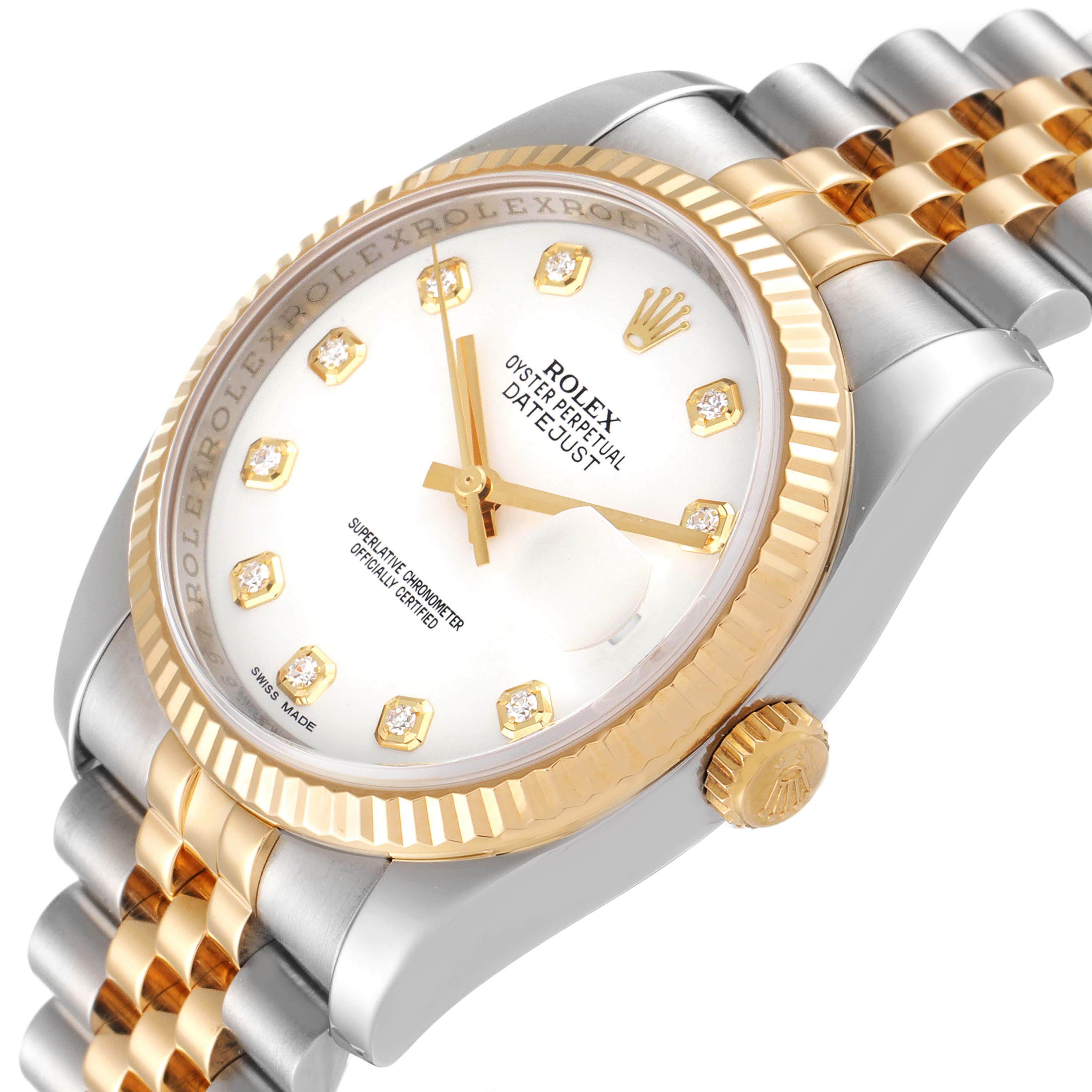 This image shows a Rolex Datejust 116233 Men's Steel and Gold (two tone) White Dial 116233 Men's Steel and Gold (two tone) White Dial watch from an angle emphasizing the dial, bezel, crown, and portion of the band.