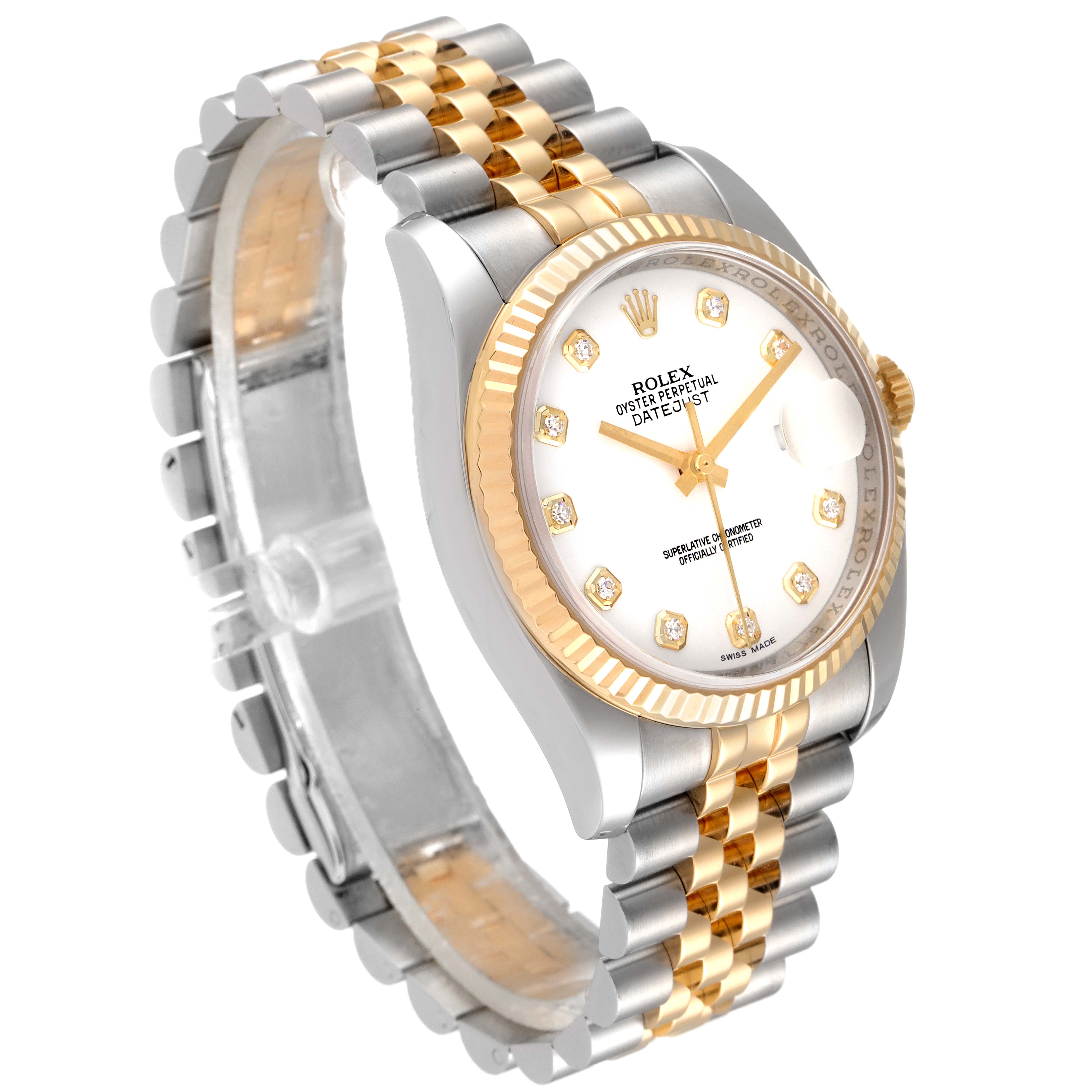The image shows a Rolex Datejust 116233 Men's Steel and Gold (two tone) White Dial 116233 Men's Steel and Gold (two tone) White Dial model watch at an angle highlighting its jubilee bracelet, fluted bezel, and diamond-set dial.