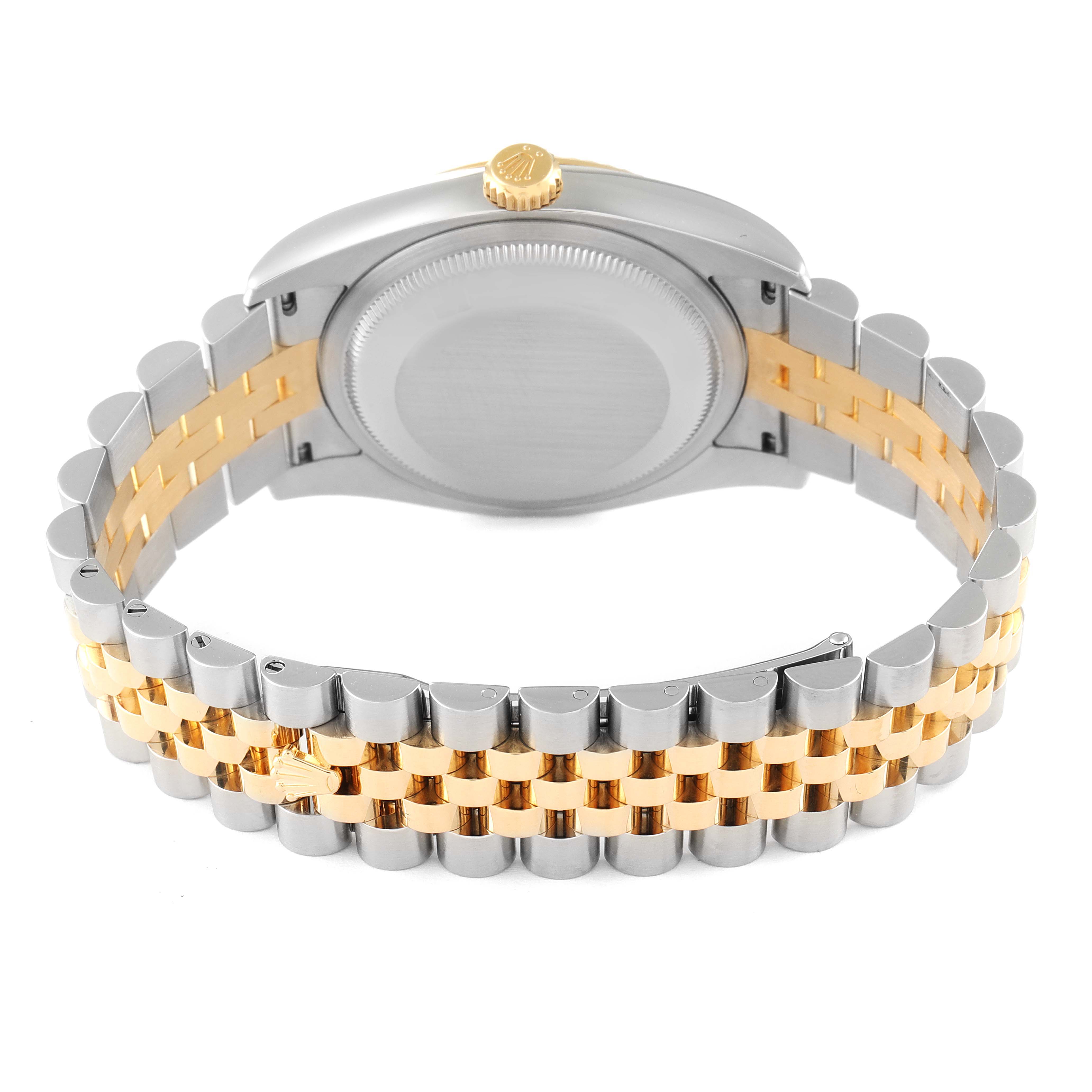 The image shows the back view of a Rolex Datejust 116233 Men's Steel and Gold (two tone) White Dial 116233 Men's Steel and Gold (two tone) White Dial watch, highlighting its two-tone bracelet and case back.