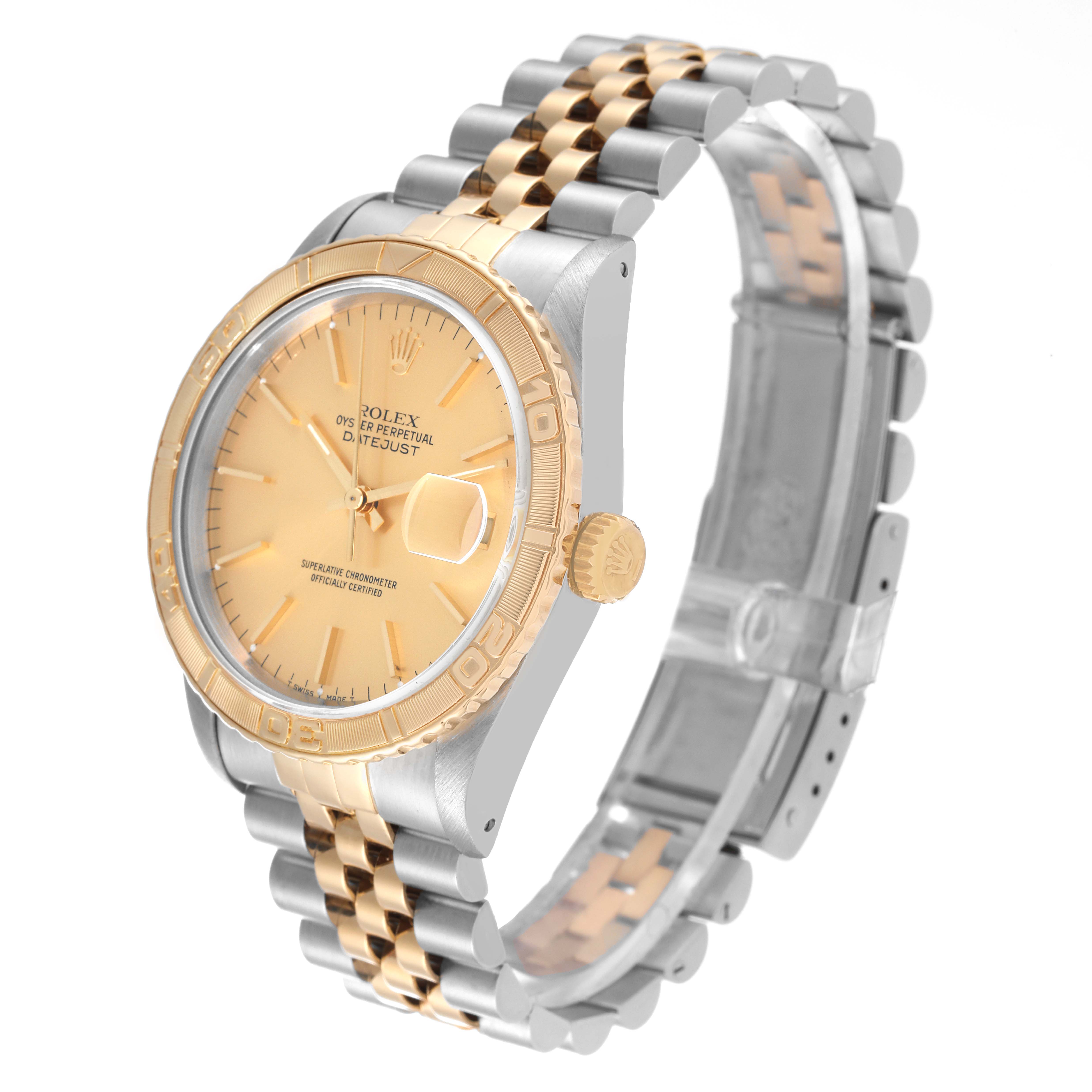 The image shows a Rolex Turn-o-Graph 16263 Men's Steel and Gold (two tone) Champagne Dial 16263 Men's Steel and Gold (two tone) Champagne Dial watch at a three-quarter angle showcasing the face, crown, and bracelet.