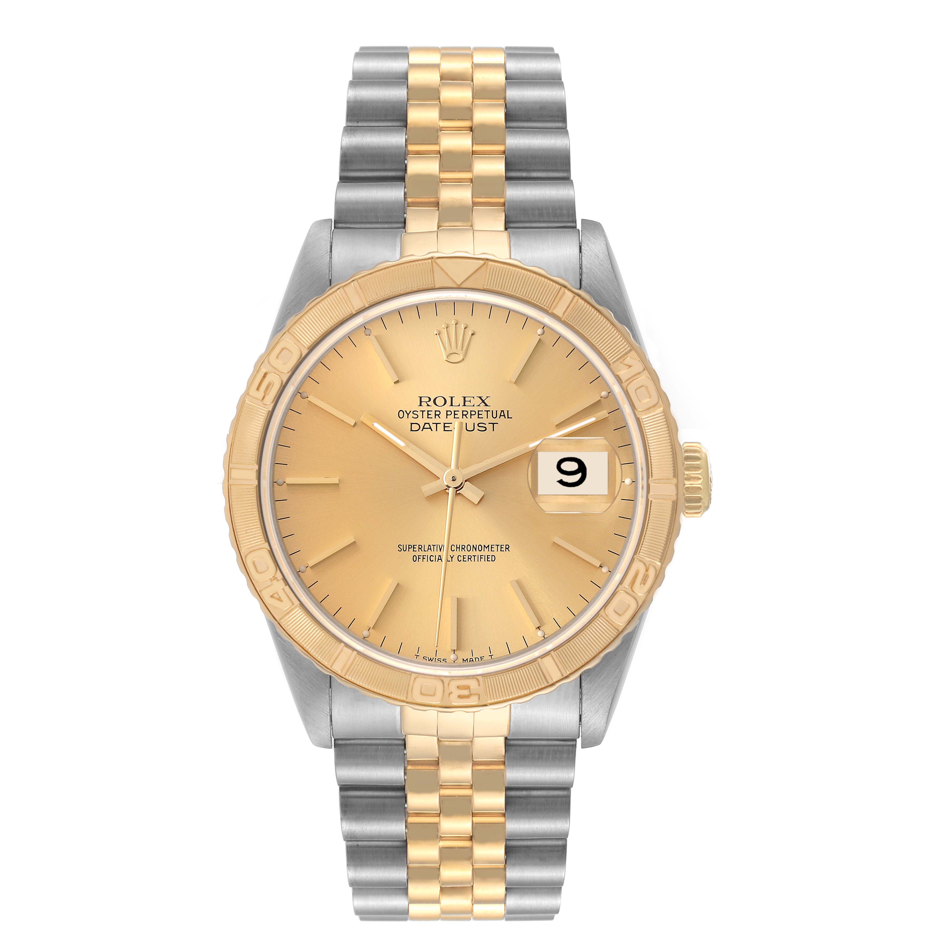 The Rolex Turn-o-Graph 16263 Men's Steel and Gold (two tone) Champagne Dial 16263 Men's Steel and Gold (two tone) Champagne Dial watch is shown from a front angle, displaying its face, bezel, crown, and dual-tone bracelet.