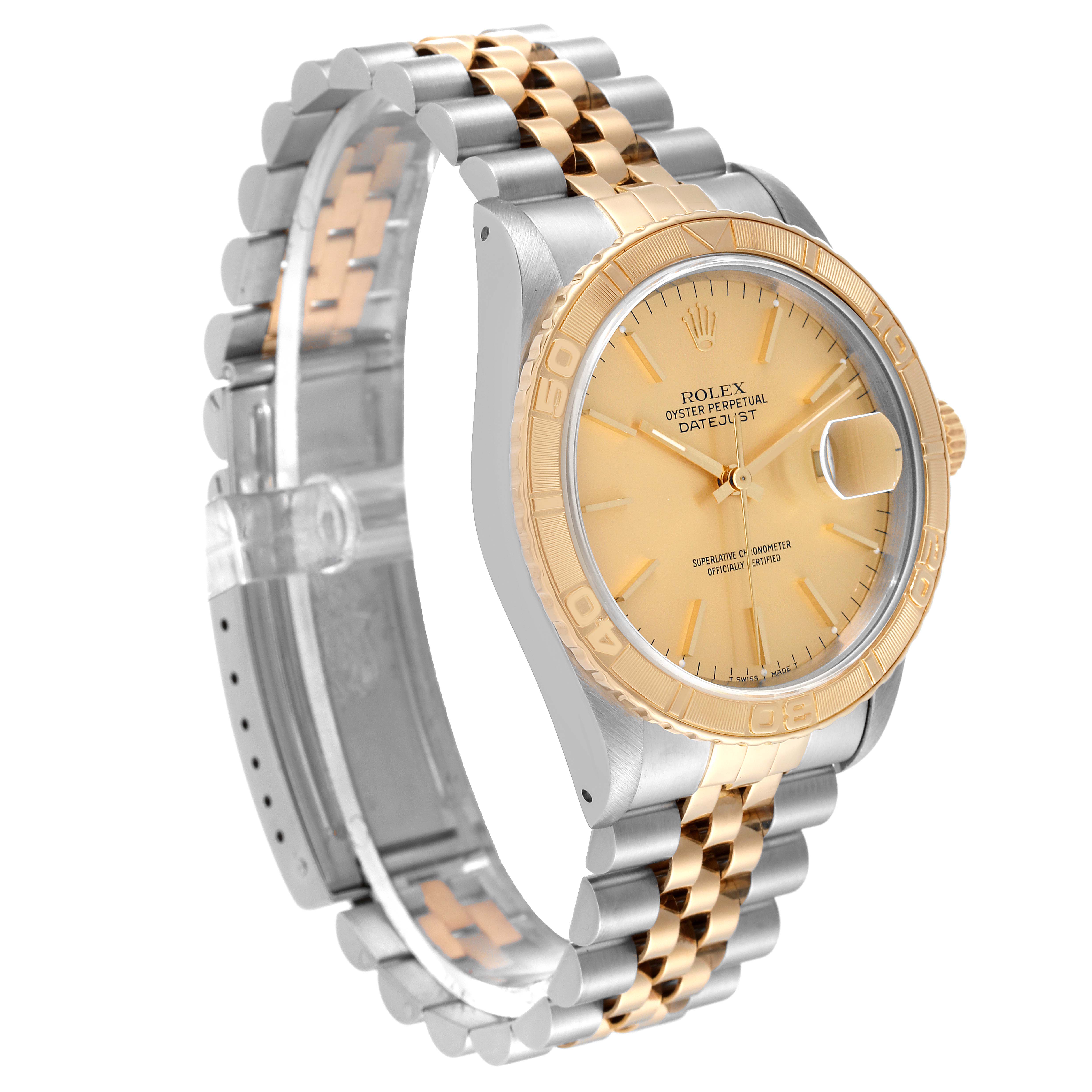 This image shows a Rolex Turn-o-Graph 16263 Men's Steel and Gold (two tone) Champagne Dial 16263 Men's Steel and Gold (two tone) Champagne Dial watch at an oblique angle, highlighting the dial, bezel, and bracelet.