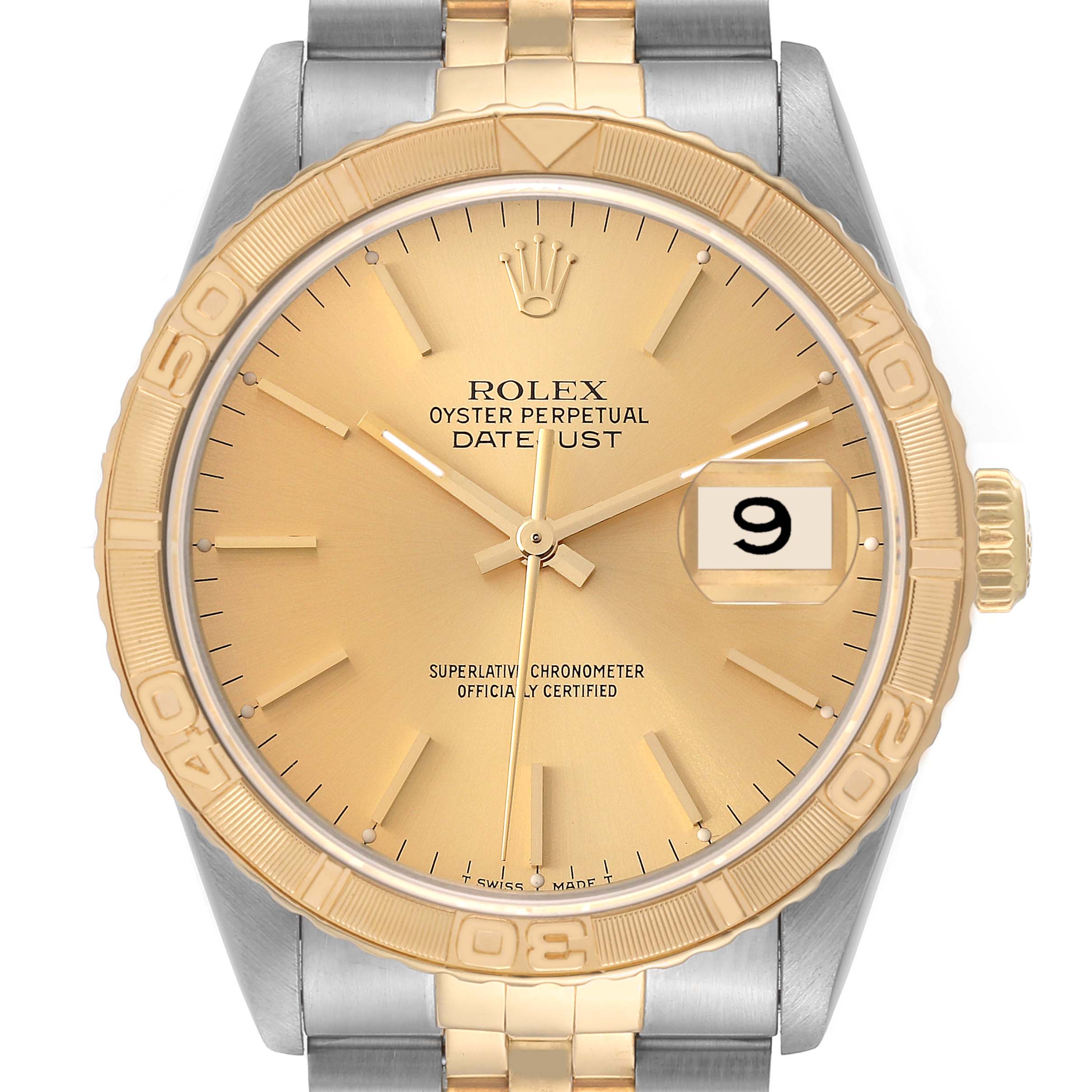 This image shows a front view of the Rolex Turn-o-Graph 16263 Men's Steel and Gold (two tone) Champagne Dial 16263 Men's Steel and Gold (two tone) Champagne Dial watch, highlighting its bezel, dial, hands, and date window.