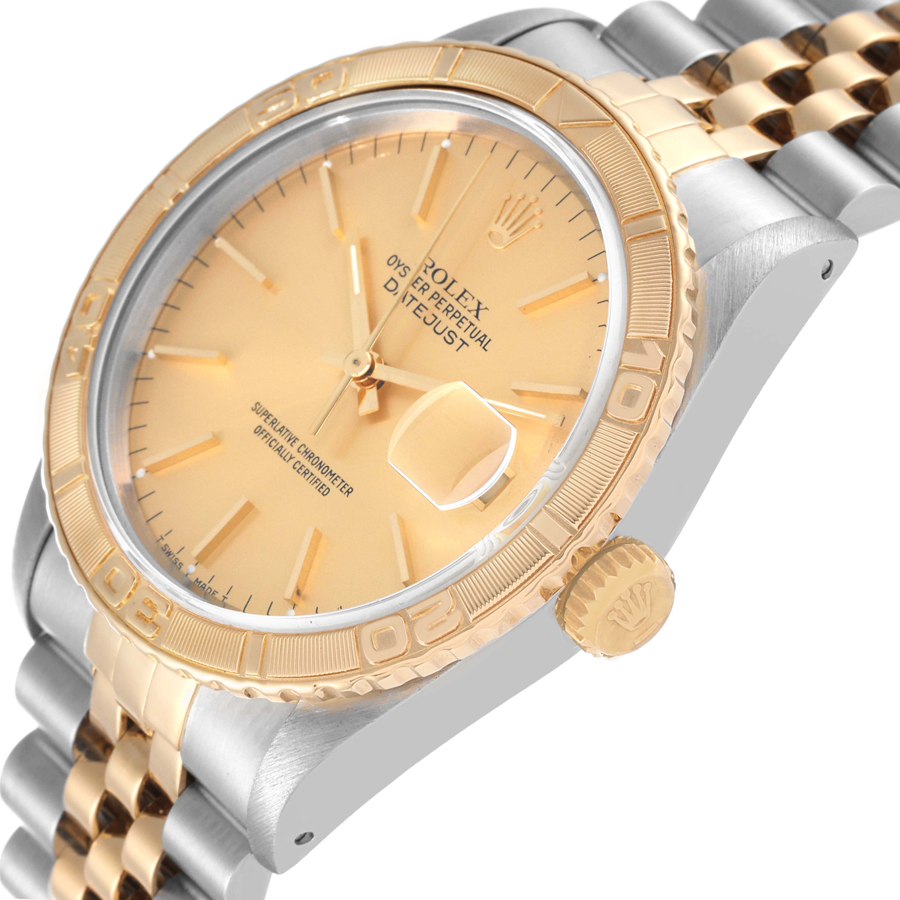This image shows a close-up angled view of the Rolex Turn-o-Graph 16263 Men's Steel and Gold (two tone) Champagne Dial 16263 Men's Steel and Gold (two tone) Champagne Dial watch, highlighting the dial, bezel, crown, and part of the bracelet.