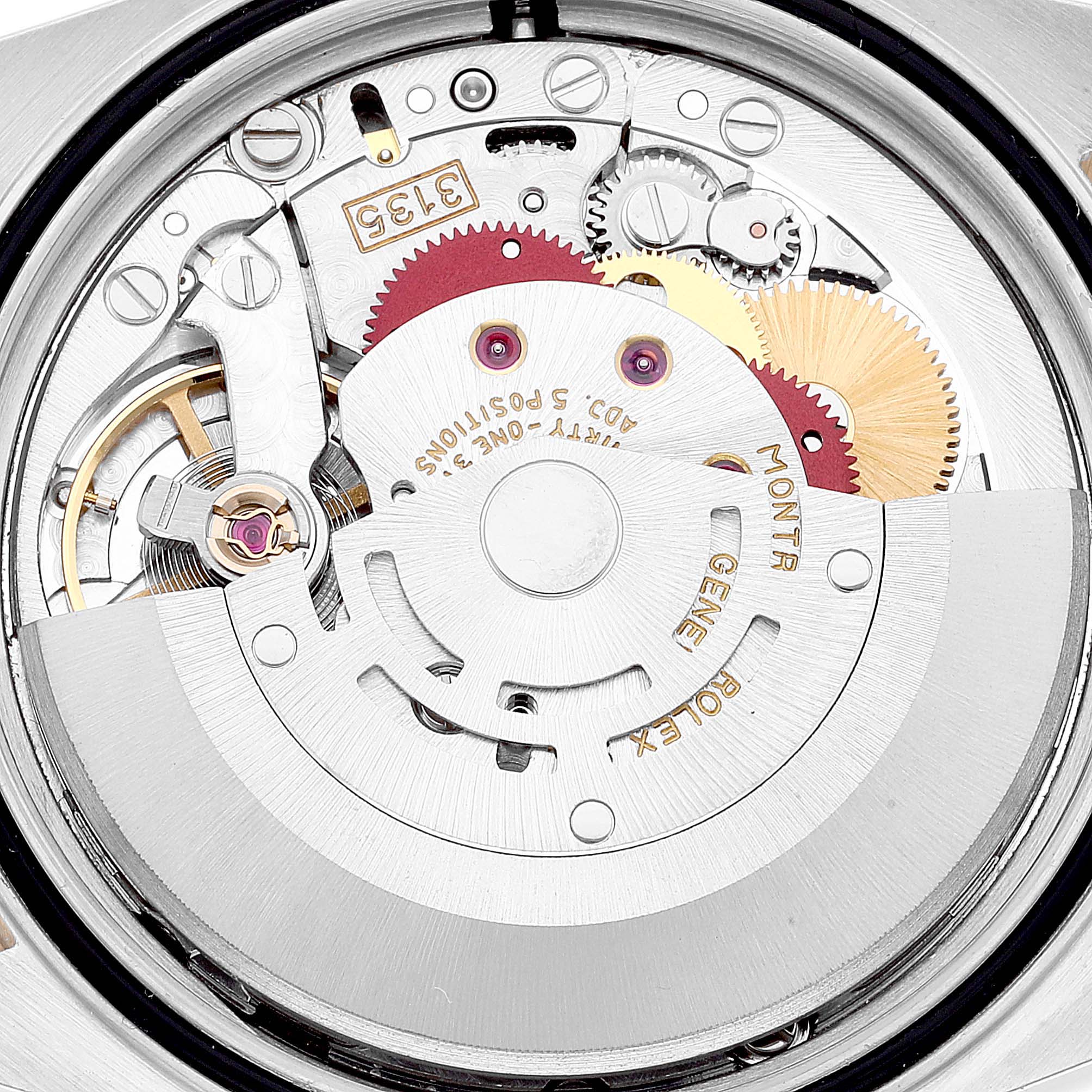 This is a close-up of the movement mechanism of a Rolex Turn-o-Graph 16263 Men's Steel and Gold (two tone) Champagne Dial 16263 Men's Steel and Gold (two tone) Champagne Dial watch.