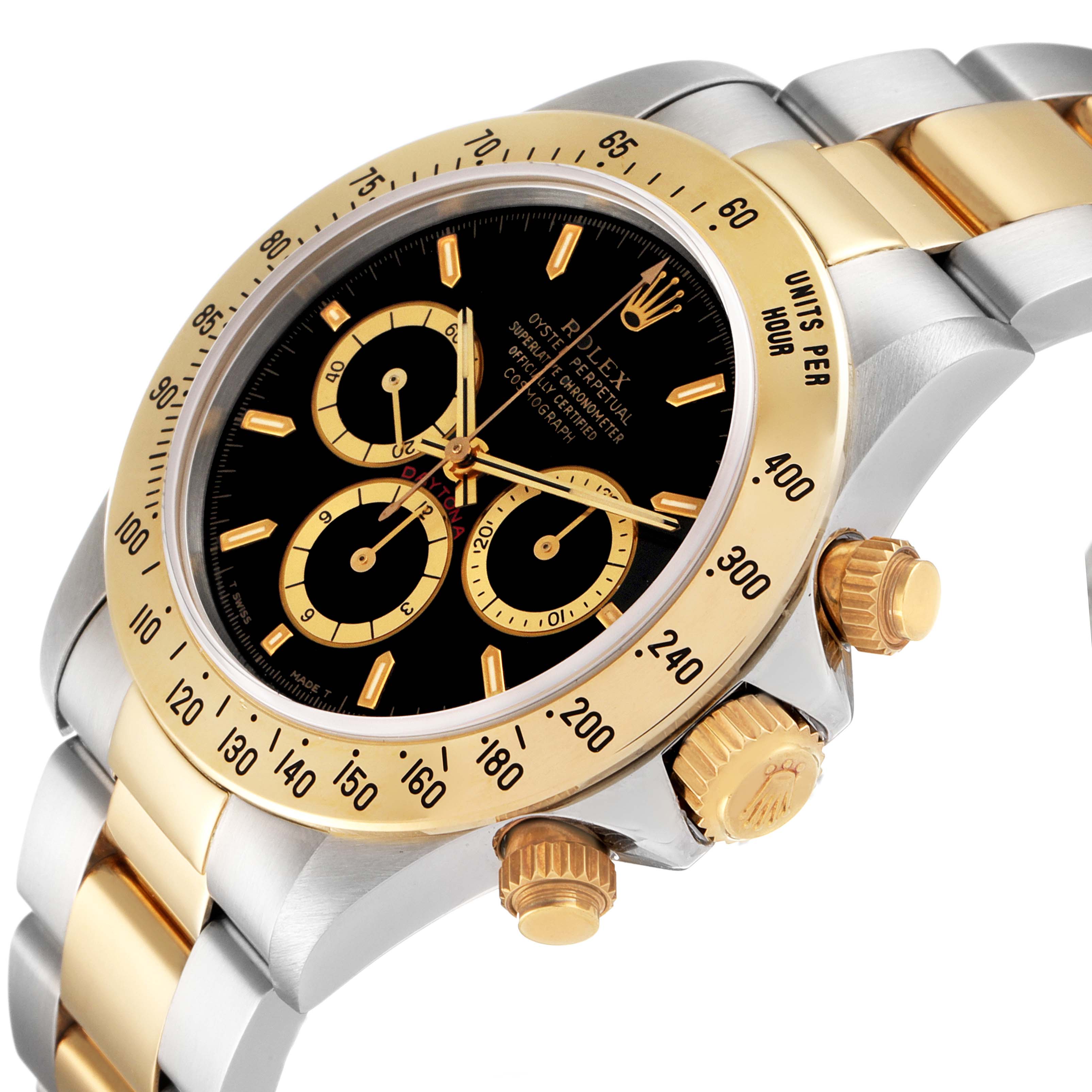 This image shows a close-up angled view of a Rolex Daytona 16523 Men
s Steel and Gold (two tone) Black Dial 16523 Men
s Steel and Gold (two tone) Black Dial watch focusing on the bezel, crown, and chronograph subdials.