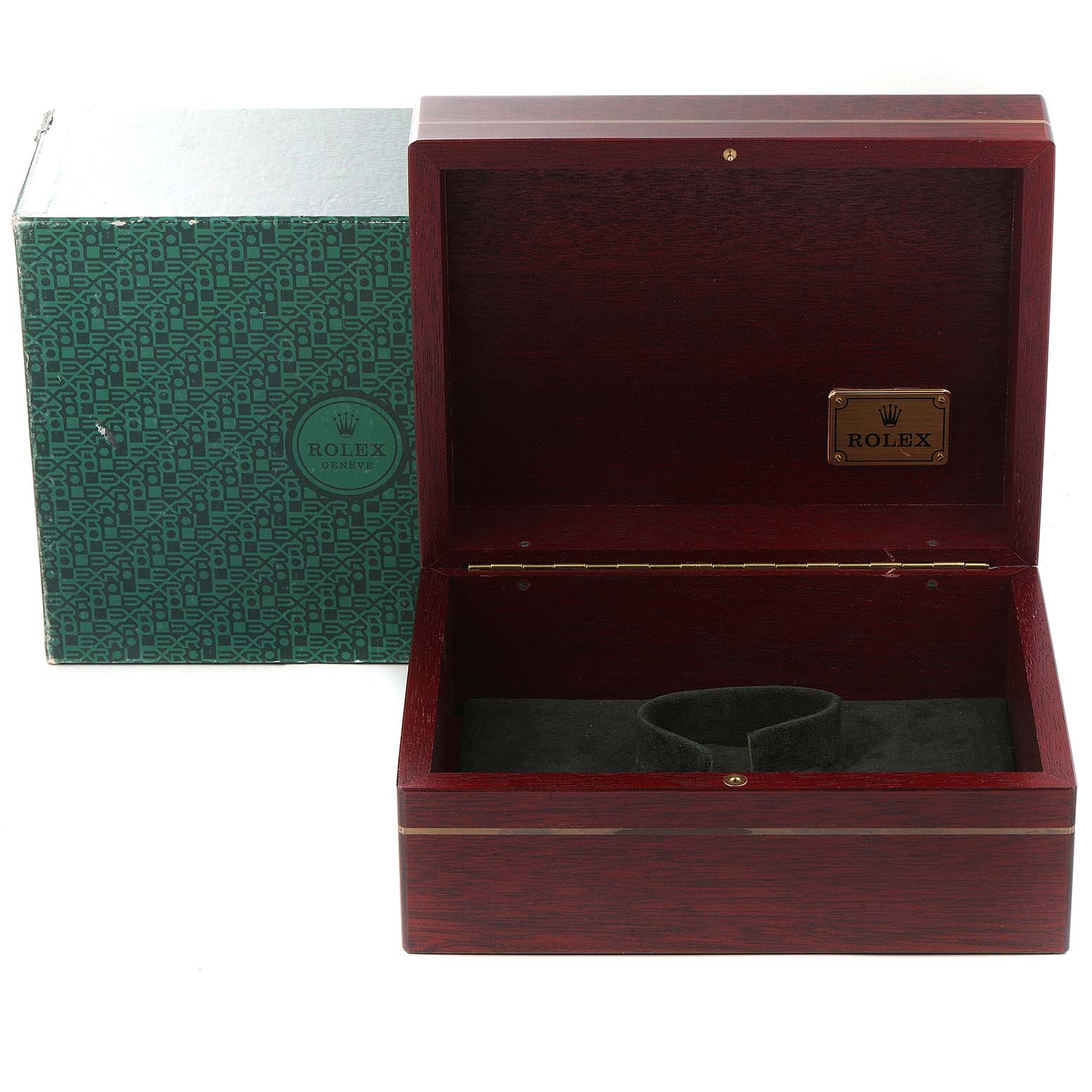 This image shows an open Rolex Daytona 16523 Men
s Steel and Gold (two tone) Black Dial 16523 Men
s Steel and Gold (two tone) Black Dial watch box with the outer packaging beside it, displaying the interior and branding.