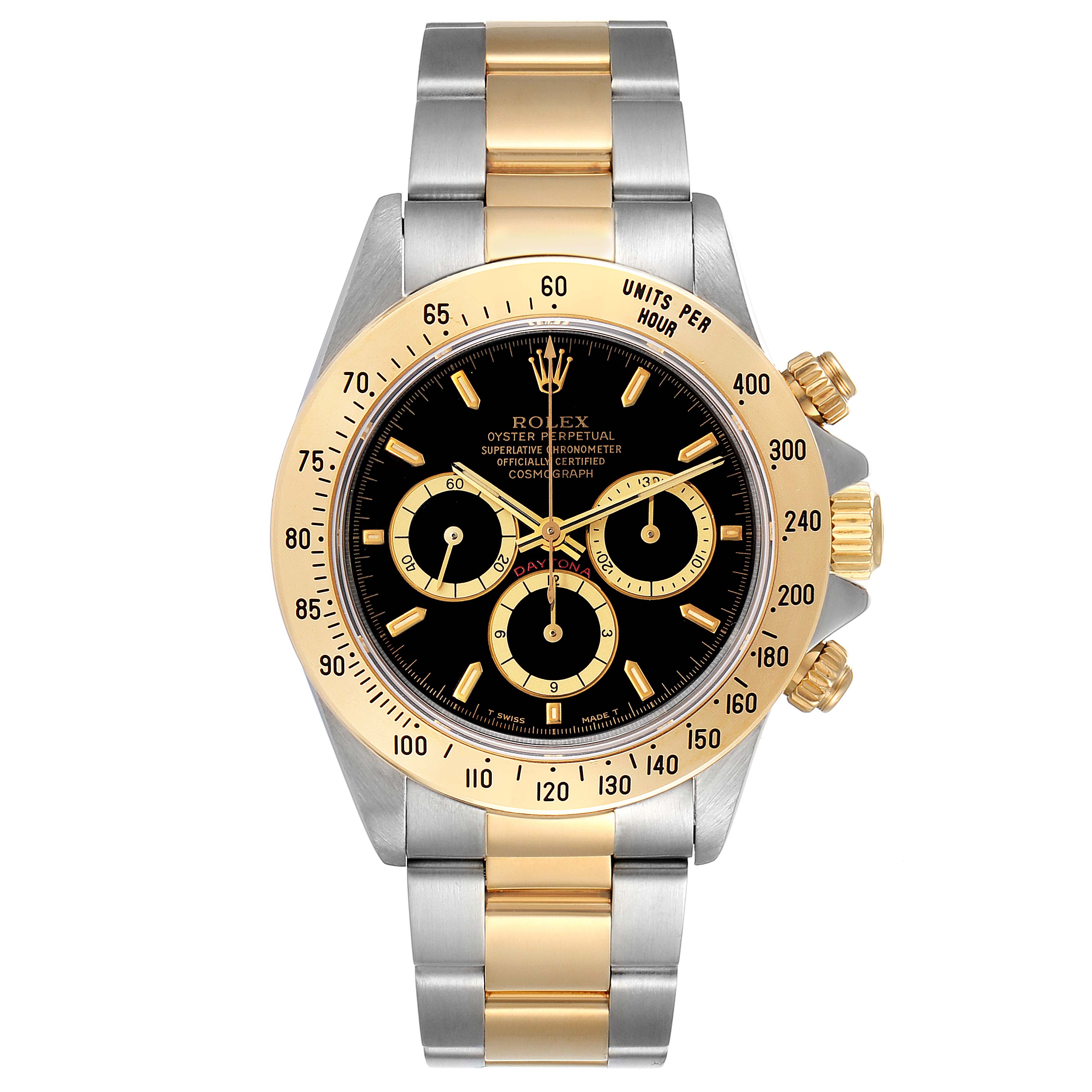 The image shows a front view of a Rolex Daytona 16523 Men
s Steel and Gold (two tone) Black Dial 16523 Men
s Steel and Gold (two tone) Black Dial watch with a two-tone band and black dial.