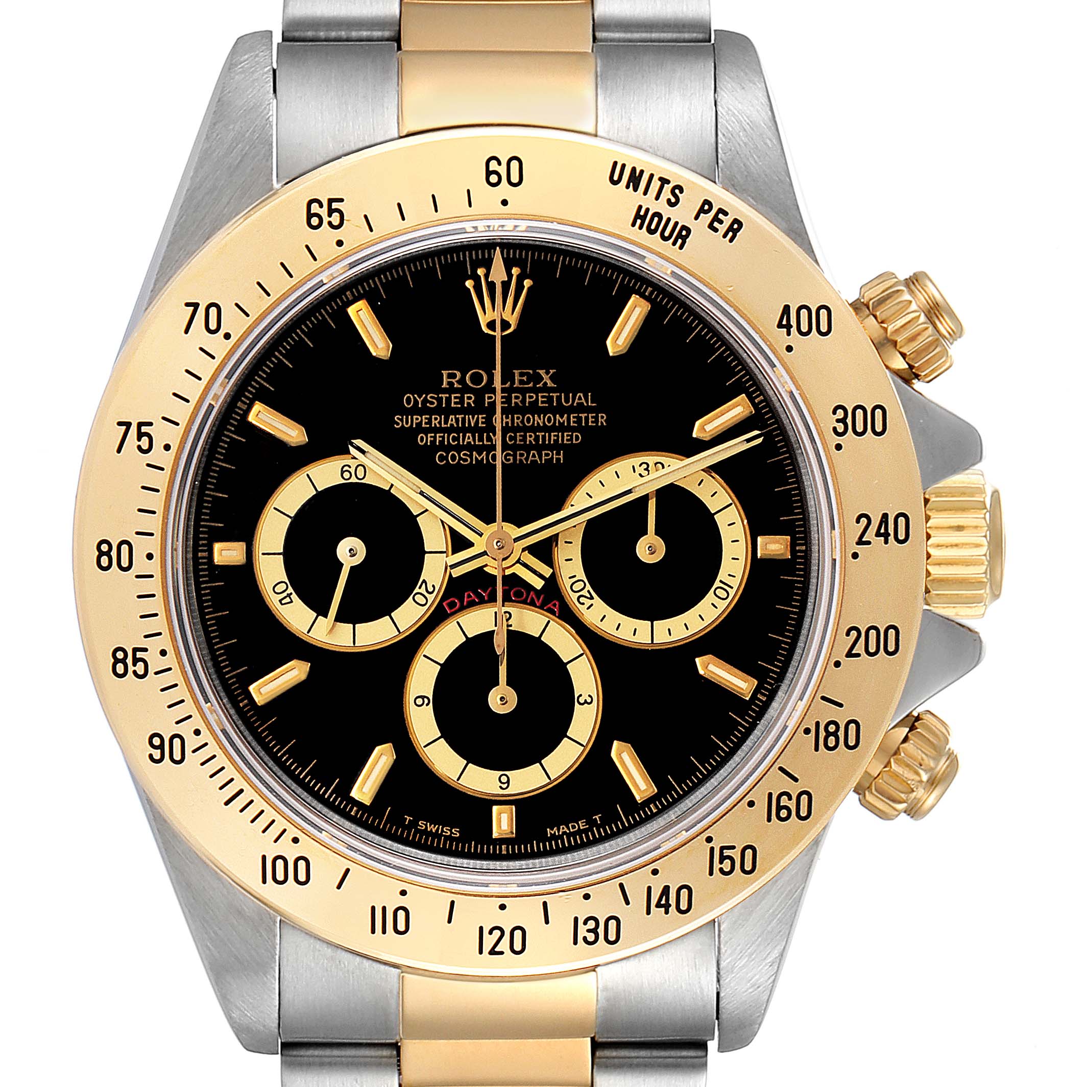 This image shows a front view of a Rolex Daytona 16523 Men
s Steel and Gold (two tone) Black Dial 16523 Men
s Steel and Gold (two tone) Black Dial watch, highlighting its black dial, gold bezel, and two-tone band.