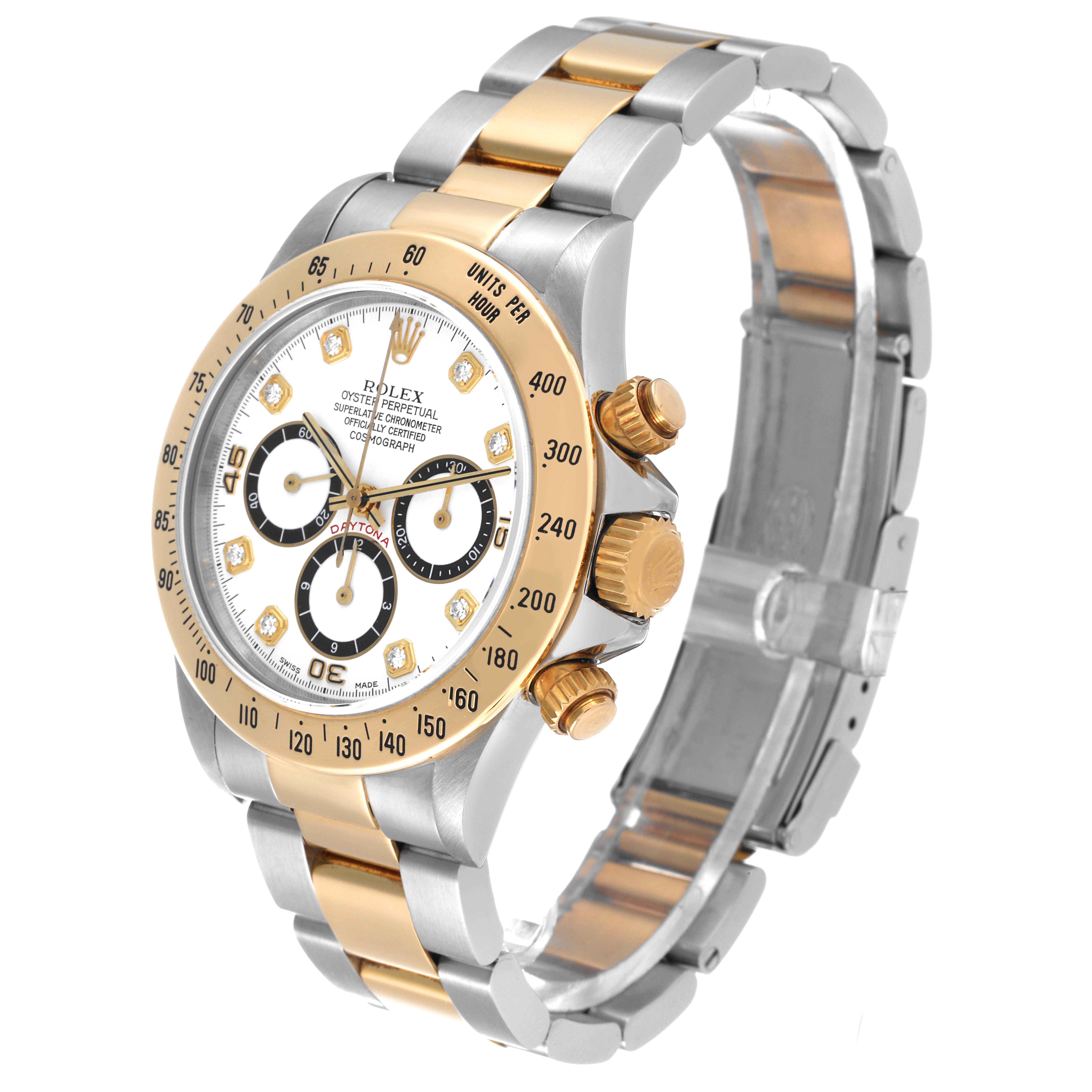 The image shows a Rolex Daytona 16523 Men's Steel and Gold (two tone) White Dial 16523 Men's Steel and Gold (two tone) White Dial watch at a three-quarter angle, highlighting the face, bezel, crown, and band.