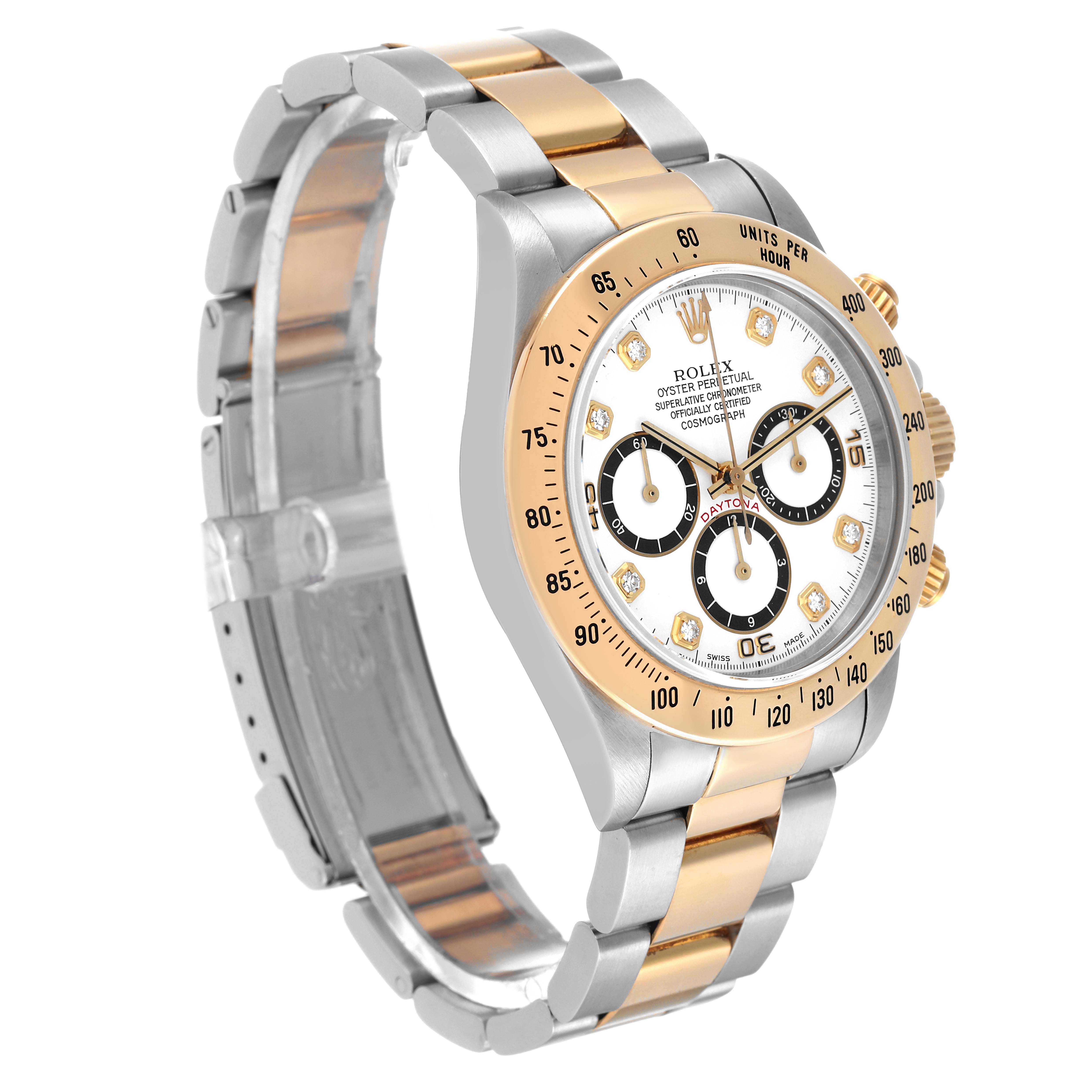 The image shows a Rolex Daytona 16523 Men's Steel and Gold (two tone) White Dial 16523 Men's Steel and Gold (two tone) White Dial watch angled to display the face, band, and crown.
