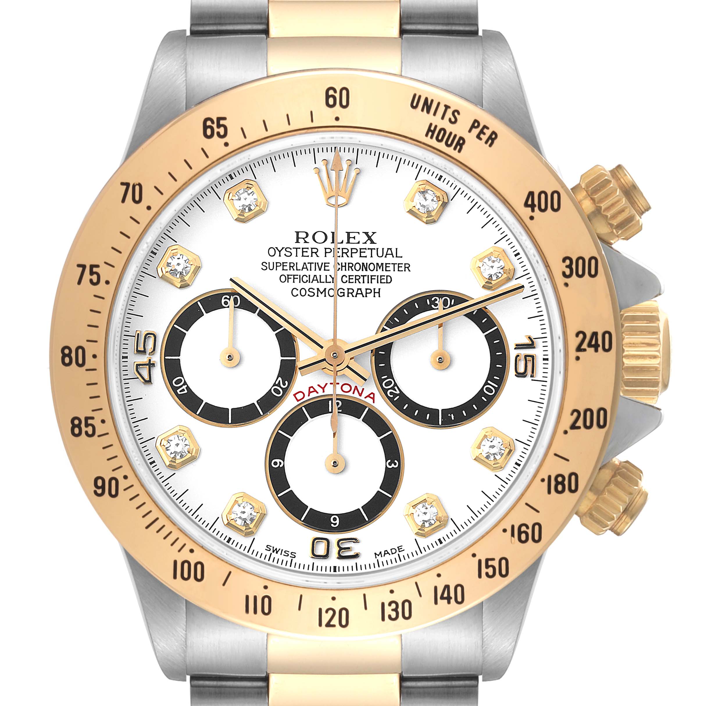 The image shows a front view of the Rolex Daytona 16523 Men's Steel and Gold (two tone) White Dial 16523 Men's Steel and Gold (two tone) White Dial, highlighting the dial, bezel, subdials, and the crown.