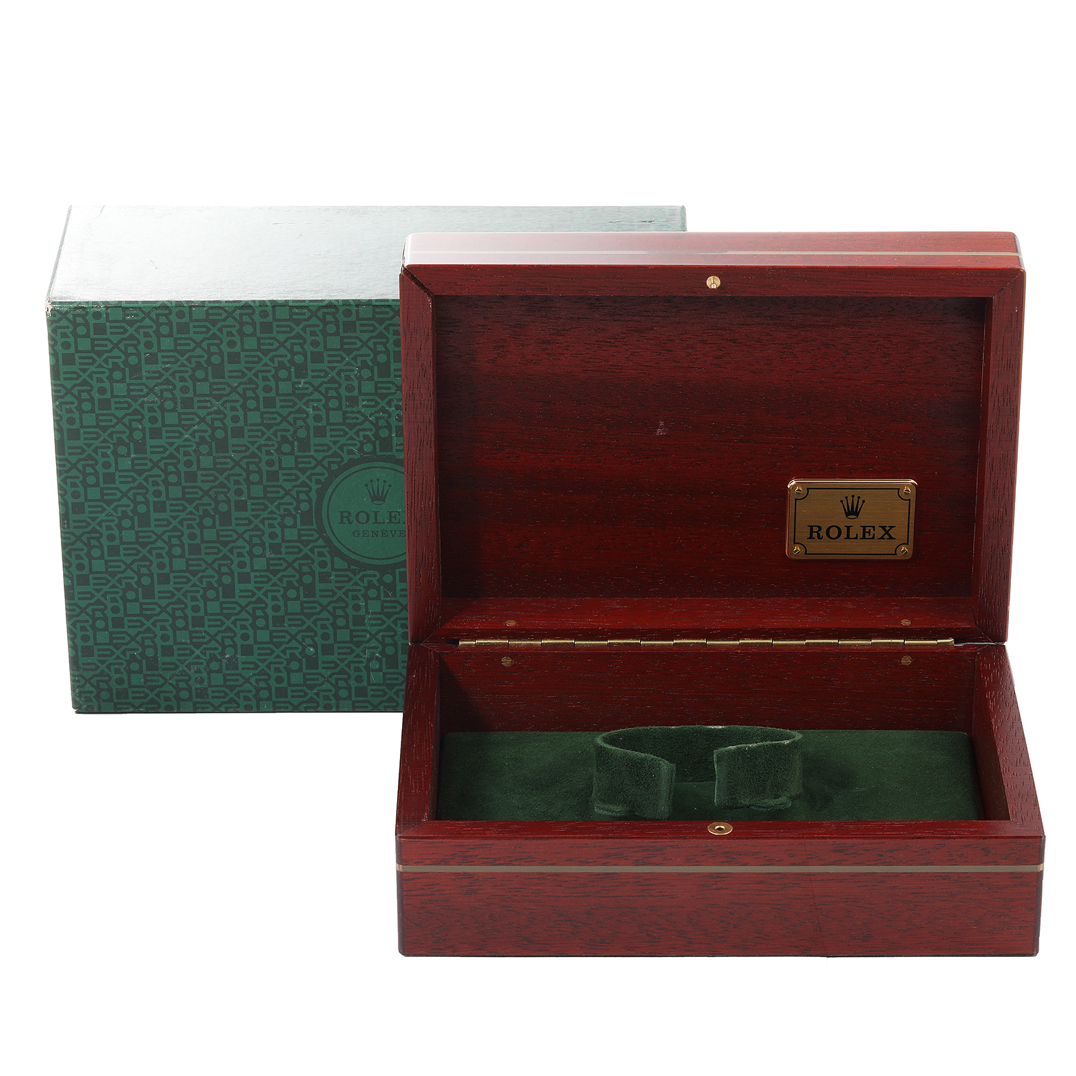 The image shows an open wooden box with a green interior, and the box has a Rolex logo plate, suitable for a Rolex Daytona 16523 Men's Steel and Gold (two tone) White Dial 16523 Men's Steel and Gold (two tone) White Dial watch.