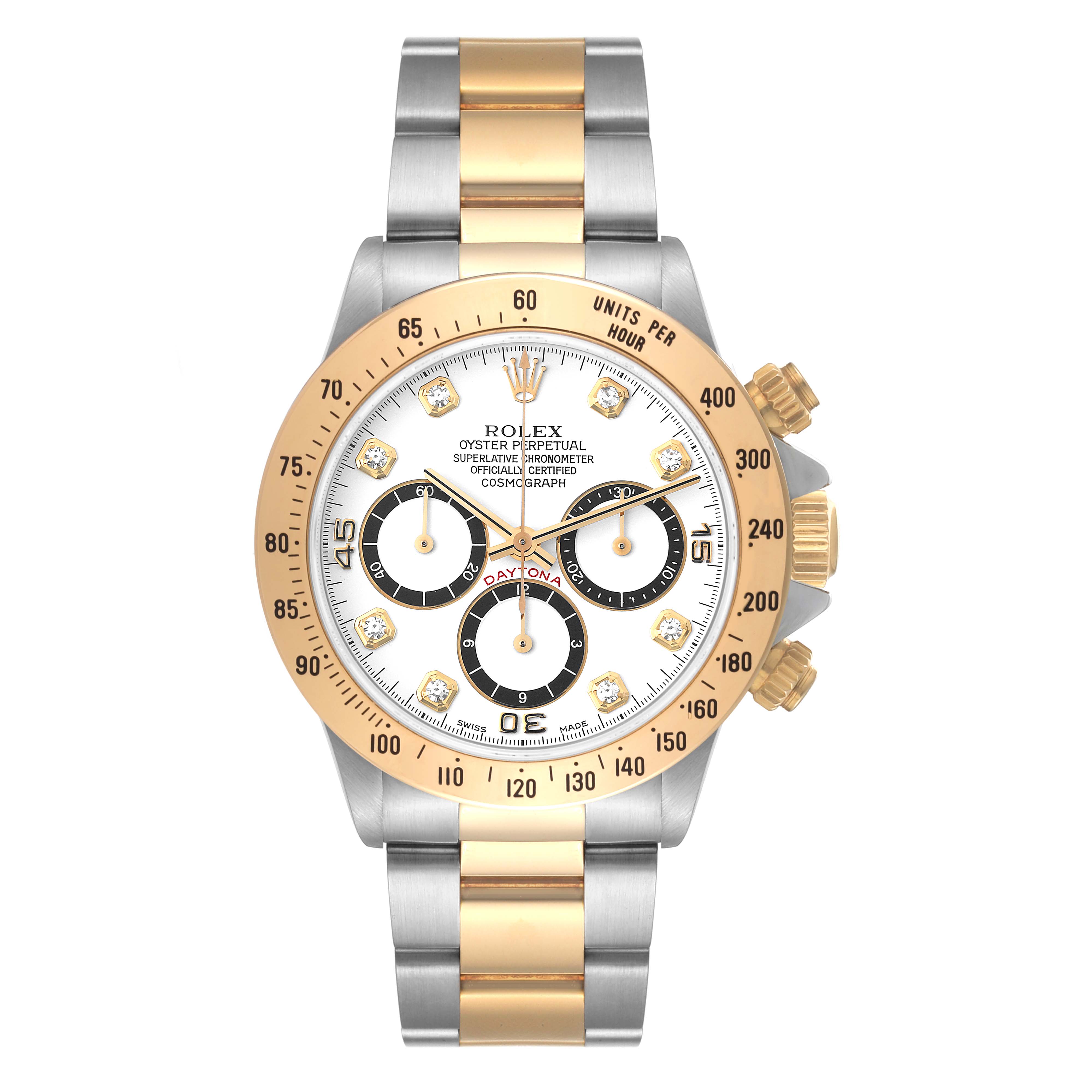 The Rolex Daytona 16523 Men's Steel and Gold (two tone) White Dial 16523 Men's Steel and Gold (two tone) White Dial watch is shown from the front, displaying its gold and silver bracelet, bezel, and dial with subdials.