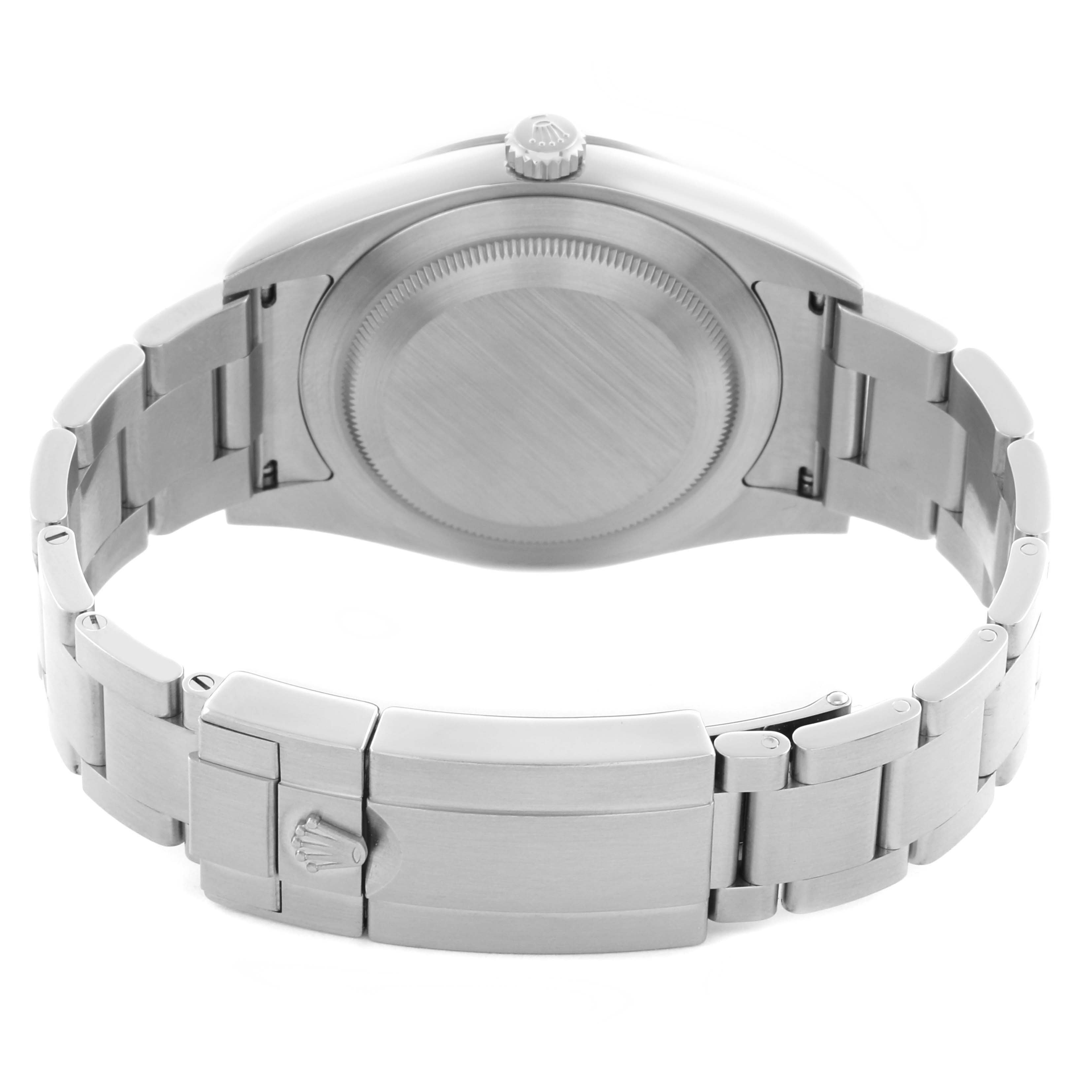 The image shows the back view of a Rolex Explorer 214270 Men's Stainless Steel Black Dial 214270 Men's Stainless Steel Black Dial watch, highlighting the case back and bracelet clasp.