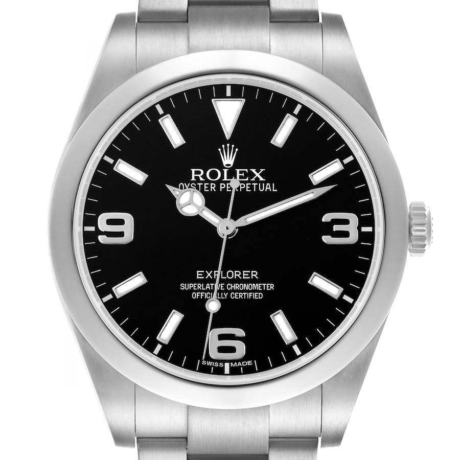 The image shows a front view of the Rolex Explorer watch, displaying the dial, hands, bezel, and part of the bracelet.