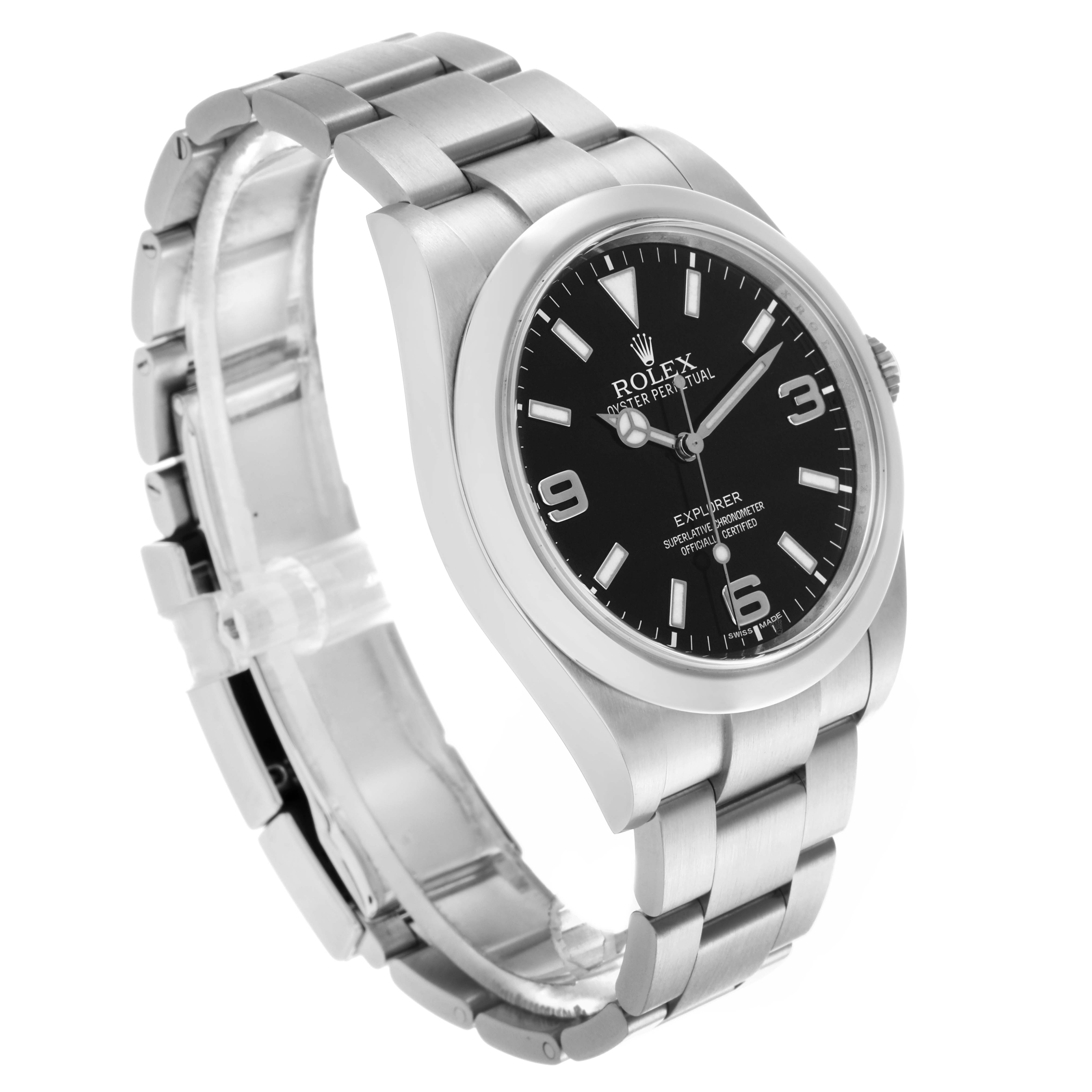 The Rolex Explorer 214270 Men's Stainless Steel Black Dial 214270 Men's Stainless Steel Black Dial watch is shown at a three-quarter angle, highlighting the face, bracelet, and crown.