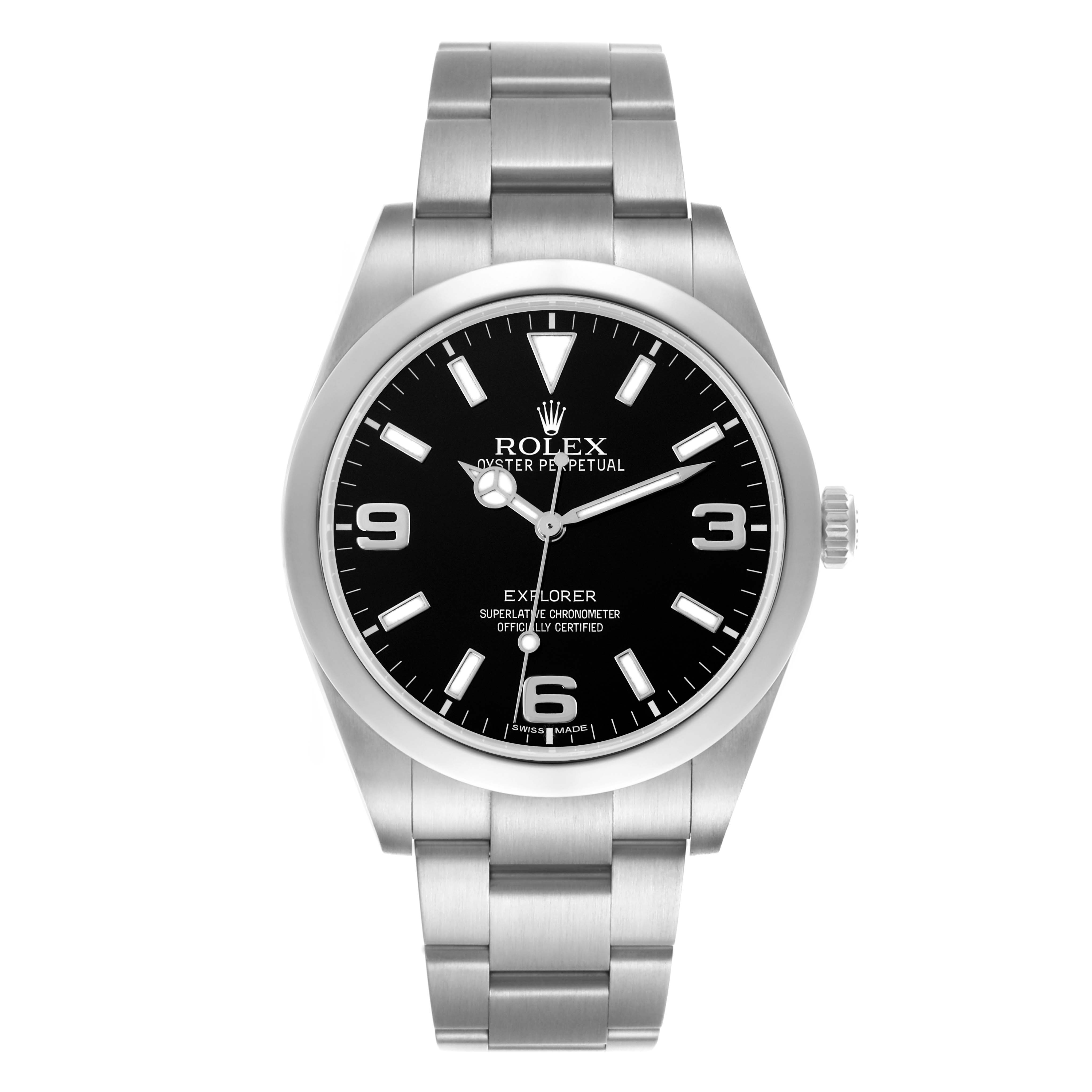 The Rolex Explorer 214270 Men's Stainless Steel Black Dial 214270 Men's Stainless Steel Black Dial watch is shown from a front angle, displaying the dial, hands, bezel, case, and bracelet clearly.