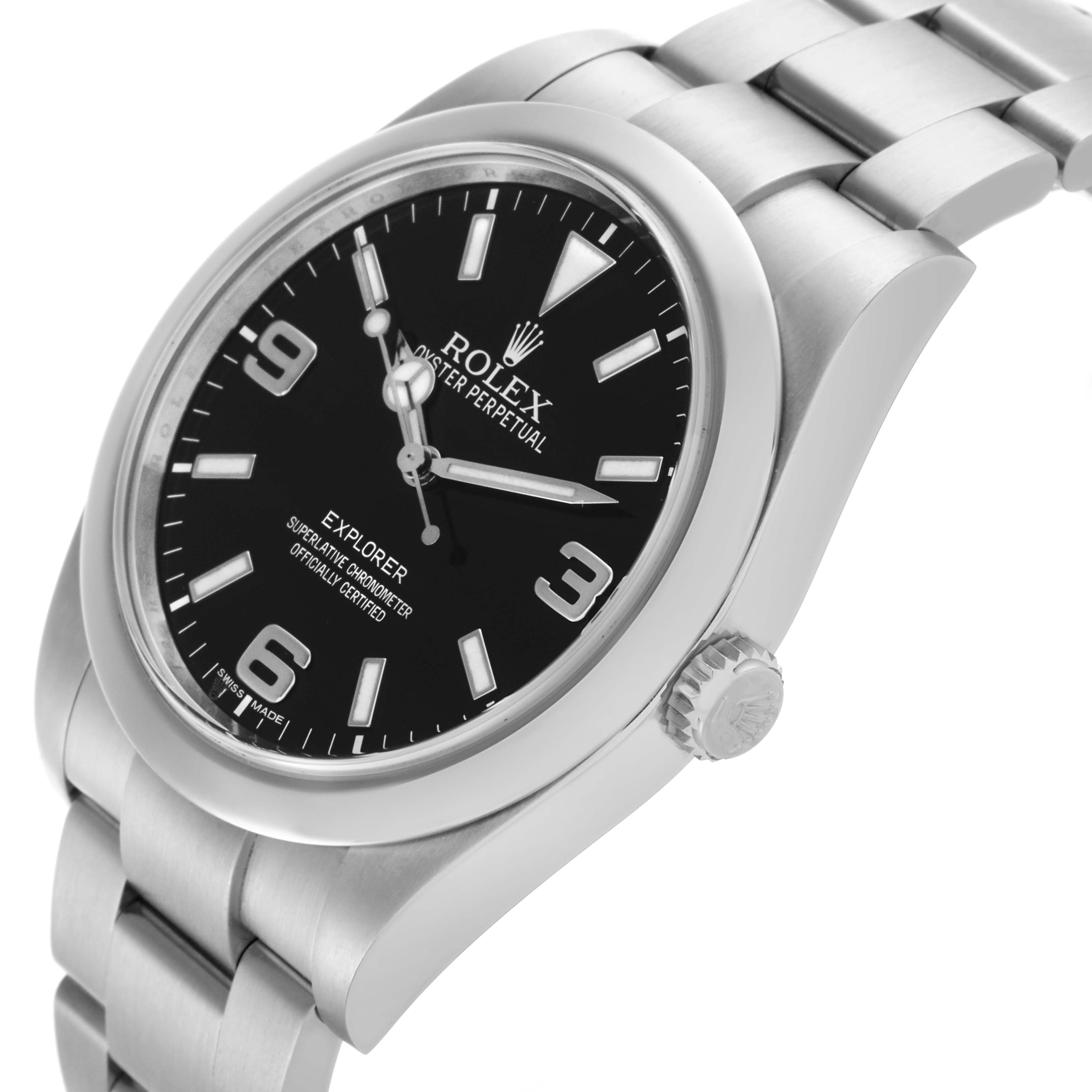 The image shows a Rolex Explorer 214270 Men's Stainless Steel Black Dial 214270 Men's Stainless Steel Black Dial watch from a three-quarter angle, highlighting the dial, bezel, crown, and part of the bracelet.