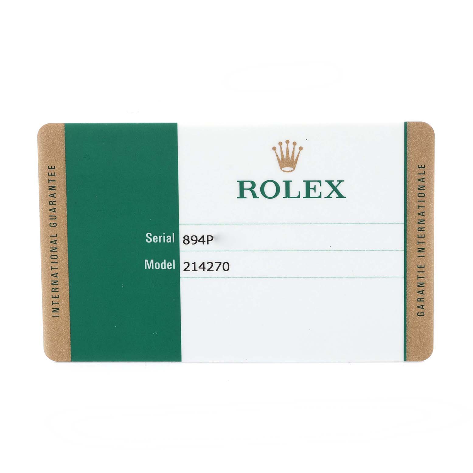 The image shows a warranty card for the Rolex Explorer 214270 Men's Stainless Steel Black Dial 214270 Men's Stainless Steel Black Dial model 214270.