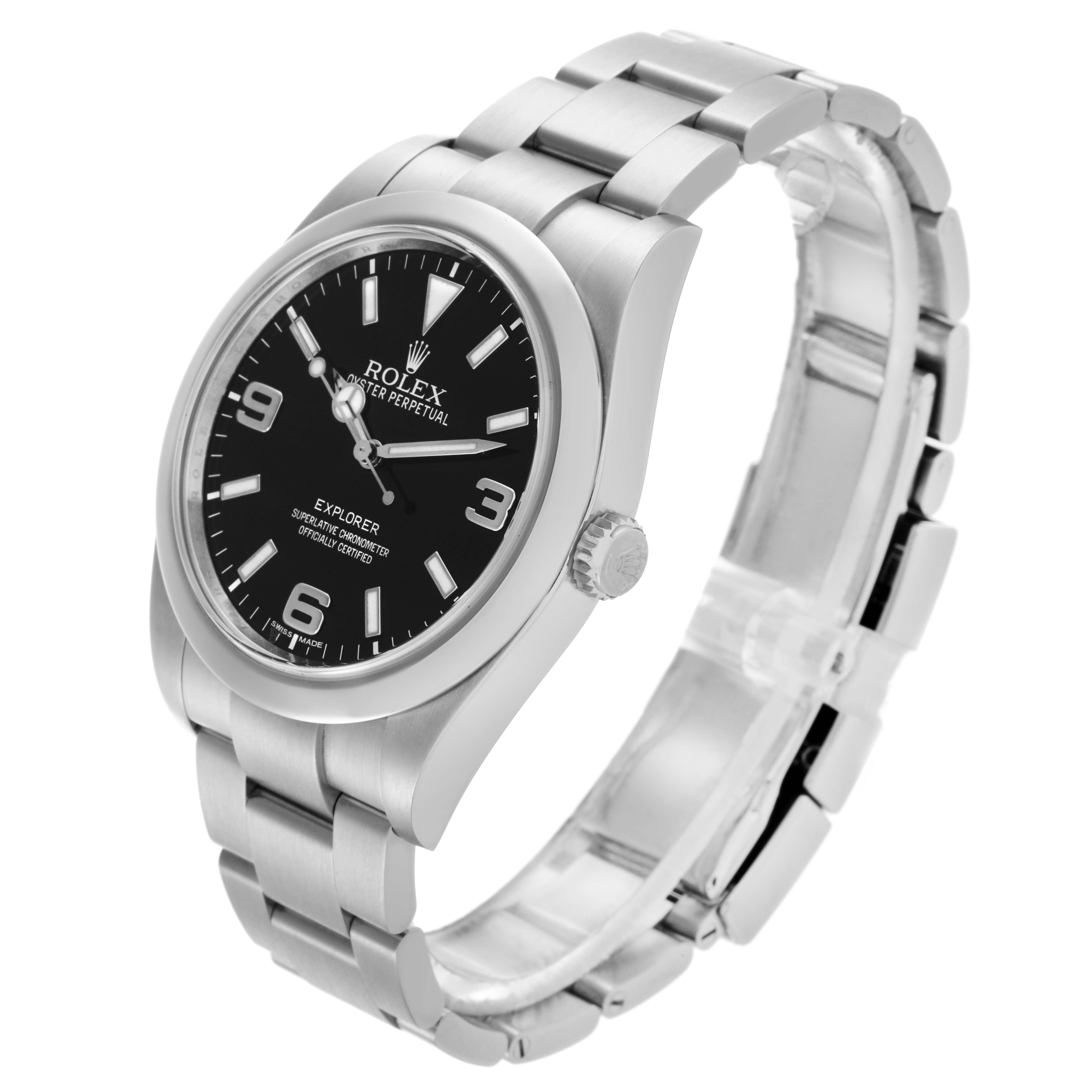 The Rolex Explorer 214270 Men's Stainless Steel Black Dial 214270 Men's Stainless Steel Black Dial watch is shown at a three-quarter angle, displaying the dial, crown, and bracelet.