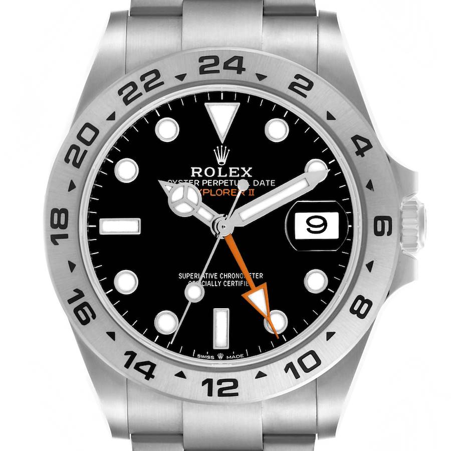 The Rolex Explorer model is shown from a front angle, featuring the dial, hands, bezel, and partial bracelet.