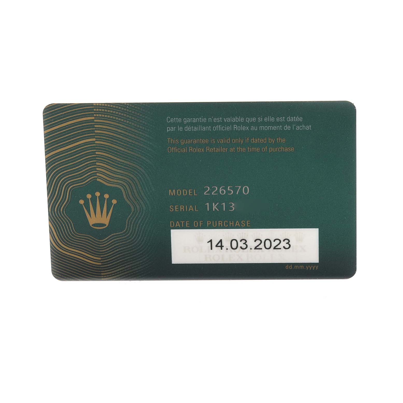 The image shows a Rolex Explorer M226570-0002 Men's Stainless Steel Black Dial M226570-0002 Men's Stainless Steel Black Dial model warranty card with model and serial numbers and purchase date details.