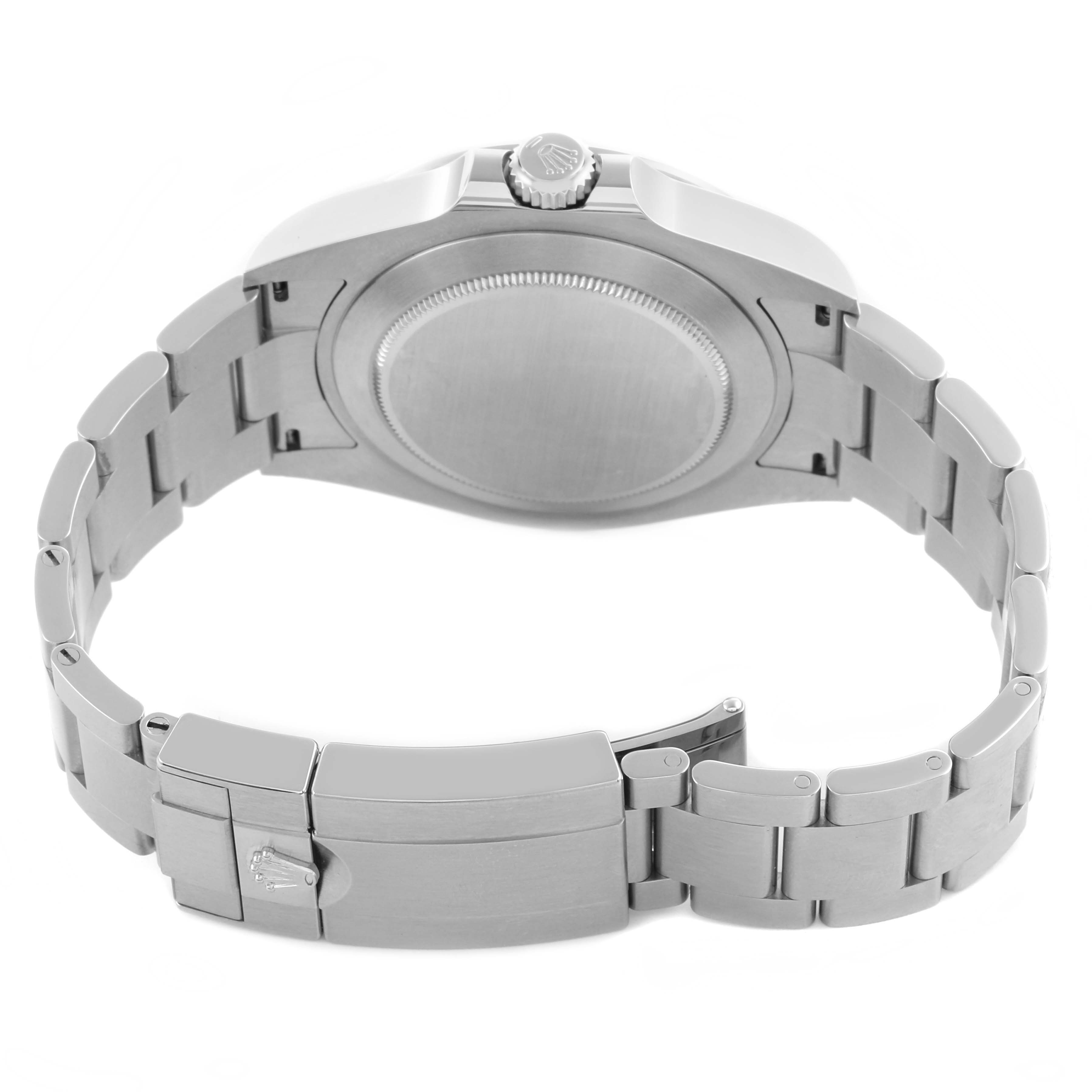 The Rolex Explorer M226570-0002 Men's Stainless Steel Black Dial M226570-0002 Men's Stainless Steel Black Dial watch is shown from the back, featuring the case back, crown, and stainless steel bracelet with clasp.