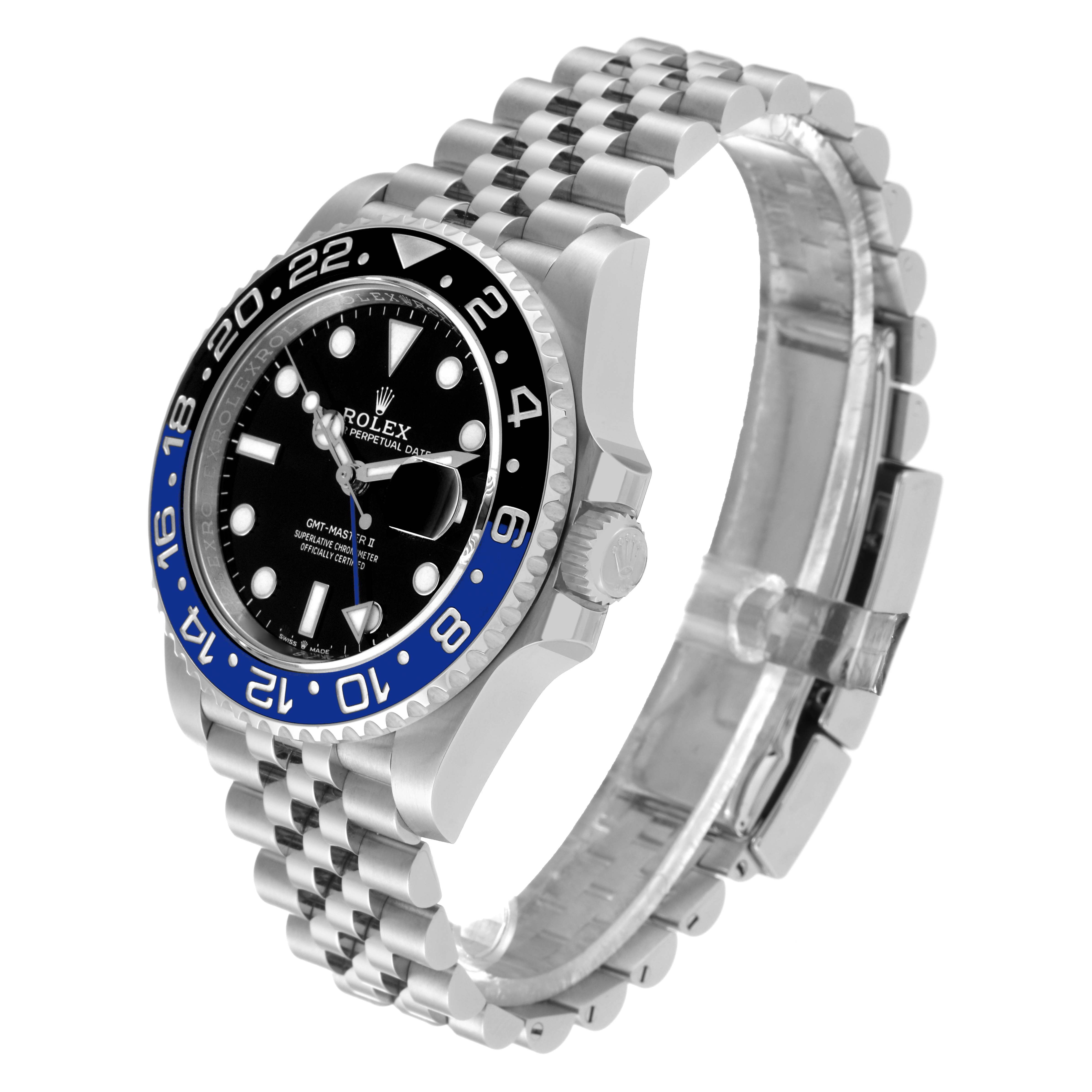 This image shows a Rolex GMT-Master 126710BLNR Men
s Stainless Steel Black Dial 126710BLNR Men
s Stainless Steel Black Dial II watch at a three-quarter angle, highlighting the bezel, dial, crown, and bracelet.