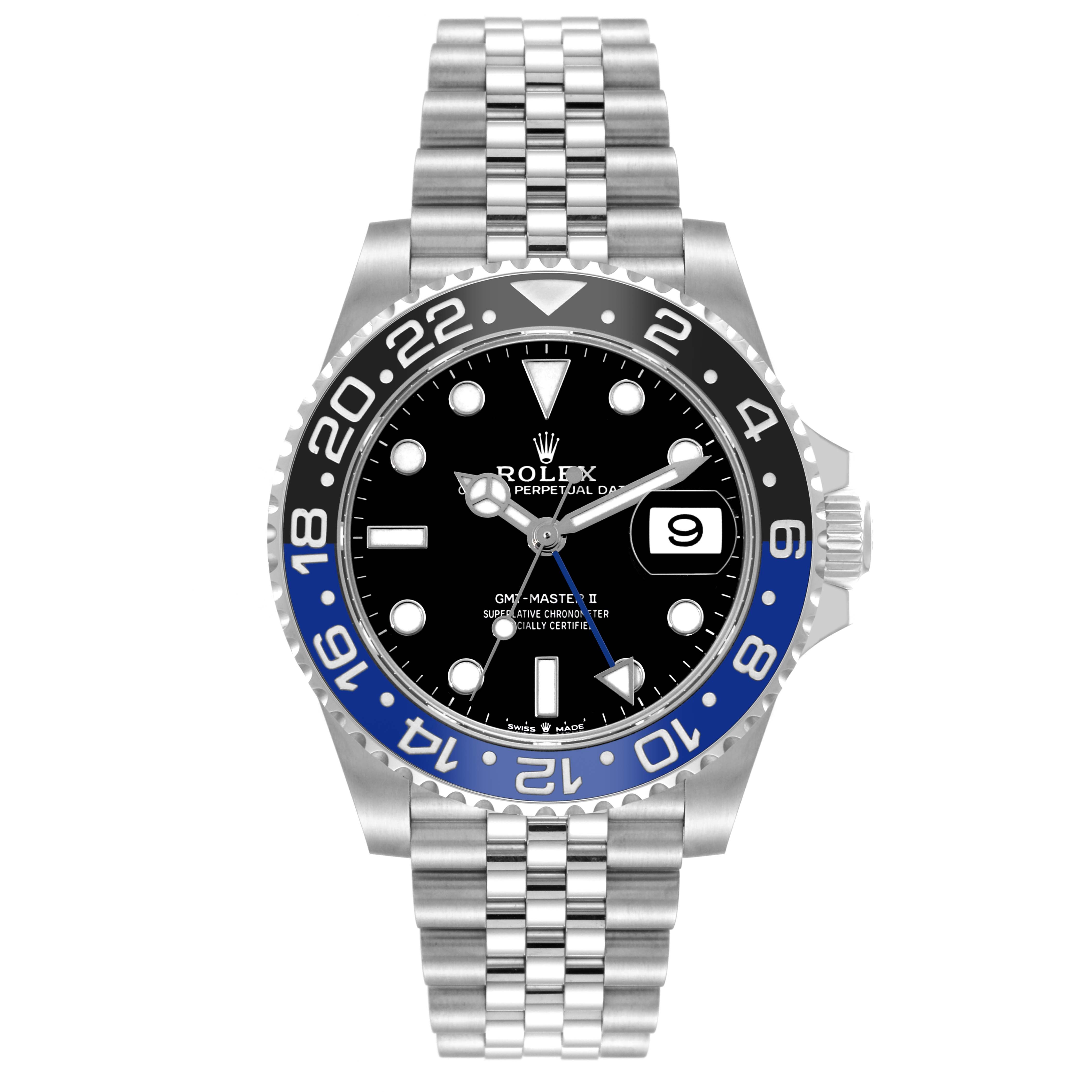 The Rolex GMT-Master 126710BLNR Men
s Stainless Steel Black Dial 126710BLNR Men
s Stainless Steel Black Dial II watch is shown from the front, displaying its dial, bezel, hands, date window, and jubilee bracelet.