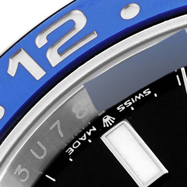The image shows a close-up of the bezel, dial, and index markers of the Rolex GMT-Master 126710BLNR Men
s Stainless Steel Black Dial 126710BLNR Men
s Stainless Steel Black Dial watch.