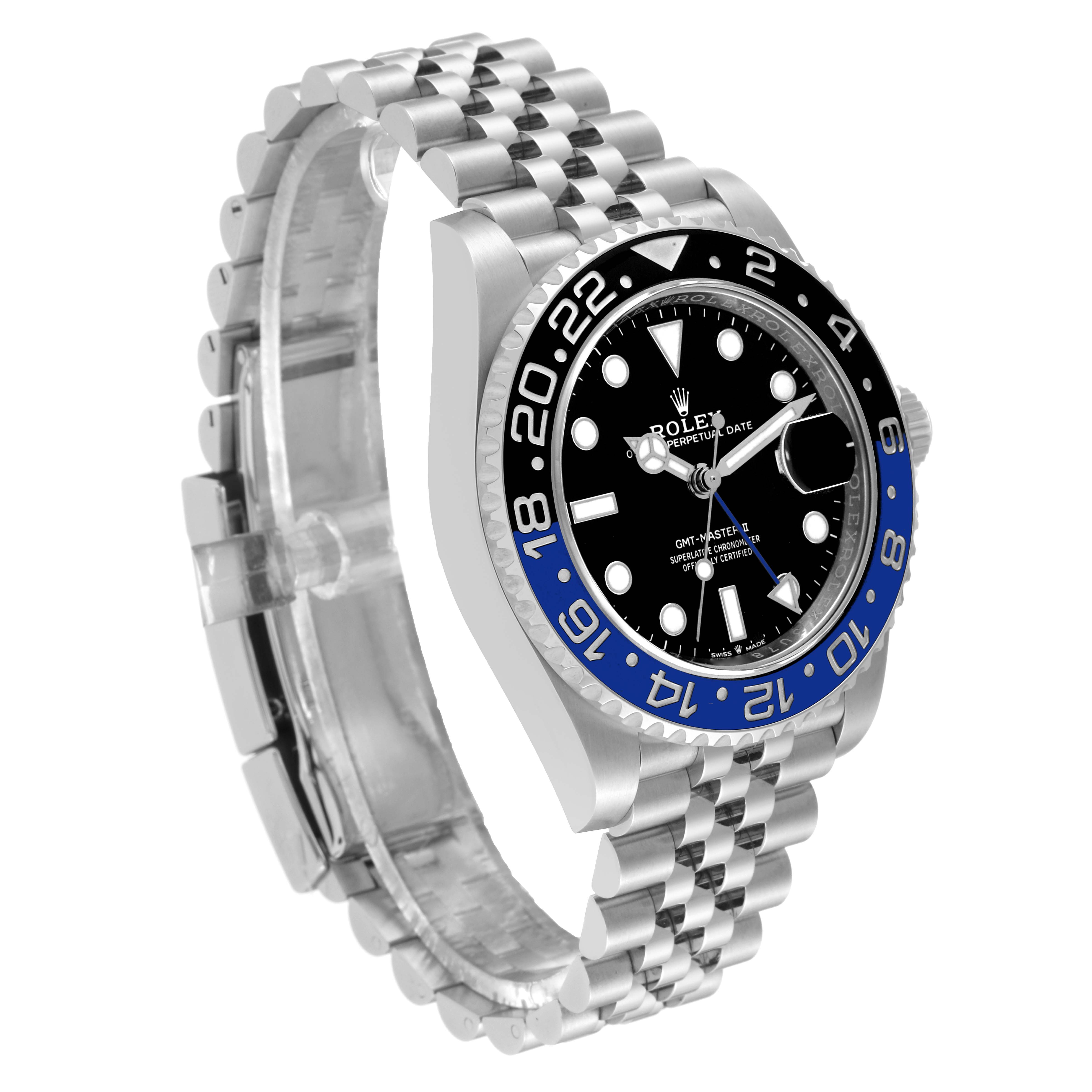 The image shows a side-angle view of a Rolex GMT-Master 126710BLNR Men
s Stainless Steel Black Dial 126710BLNR Men
s Stainless Steel Black Dial watch, highlighting its bezel, face, and jubilee bracelet.