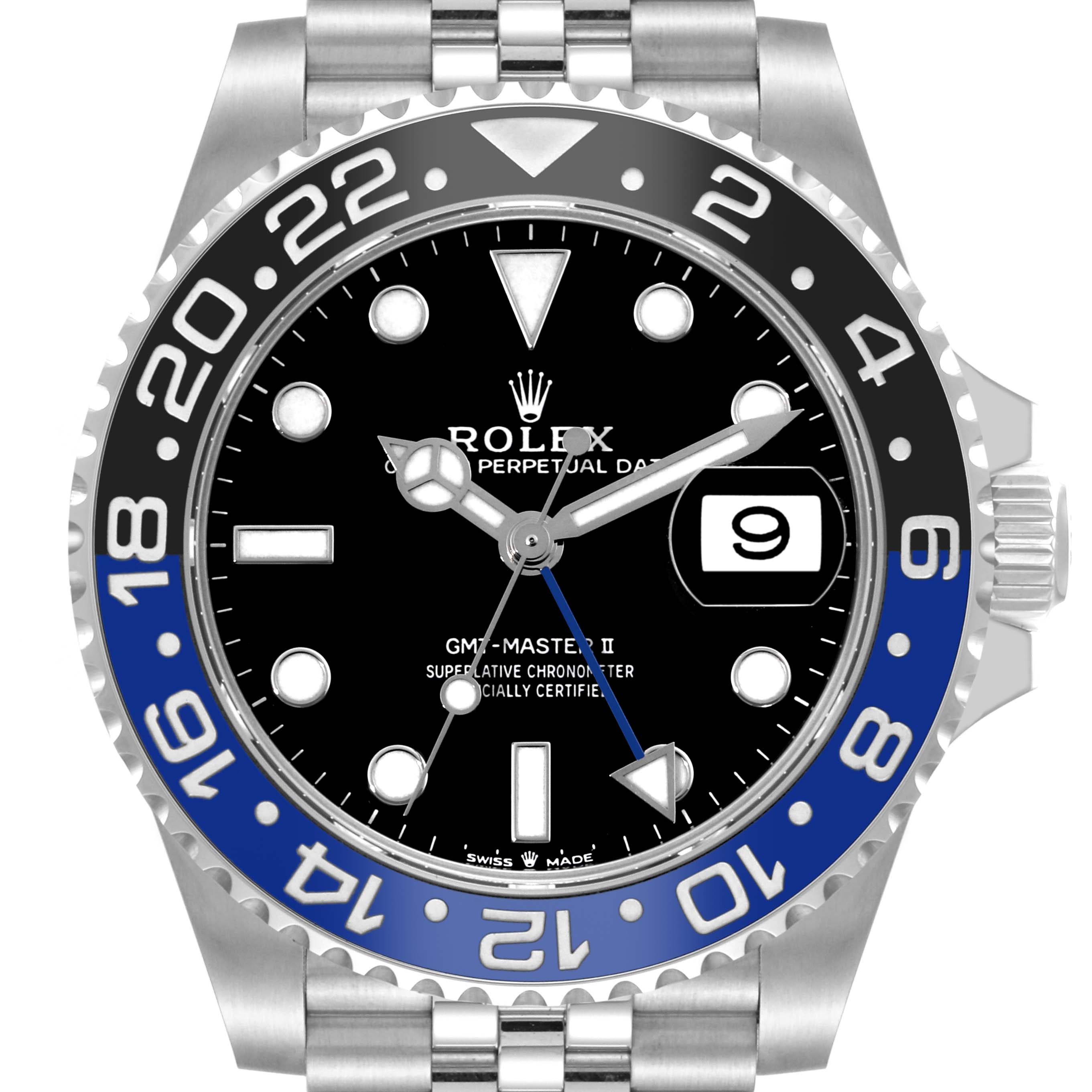 The image shows a frontal view of a Rolex GMT-Master 126710BLNR Men
s Stainless Steel Black Dial 126710BLNR Men
s Stainless Steel Black Dial II watch, highlighting its bezel, dial, hands, date window, and part of the bracelet.
