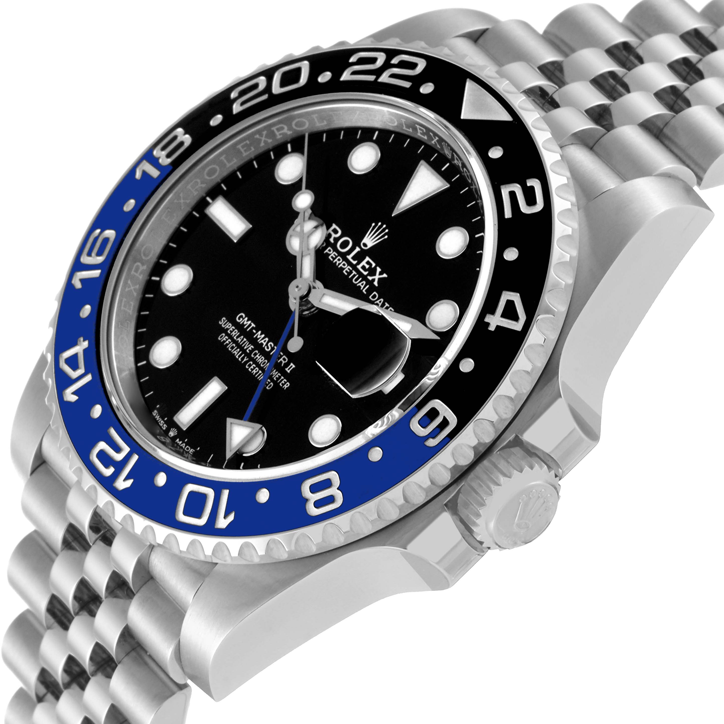 The image shows a side-angle view of a Rolex GMT-Master 126710BLNR Men
s Stainless Steel Black Dial 126710BLNR Men
s Stainless Steel Black Dial II watch, highlighting its bezel, dial, and crown.