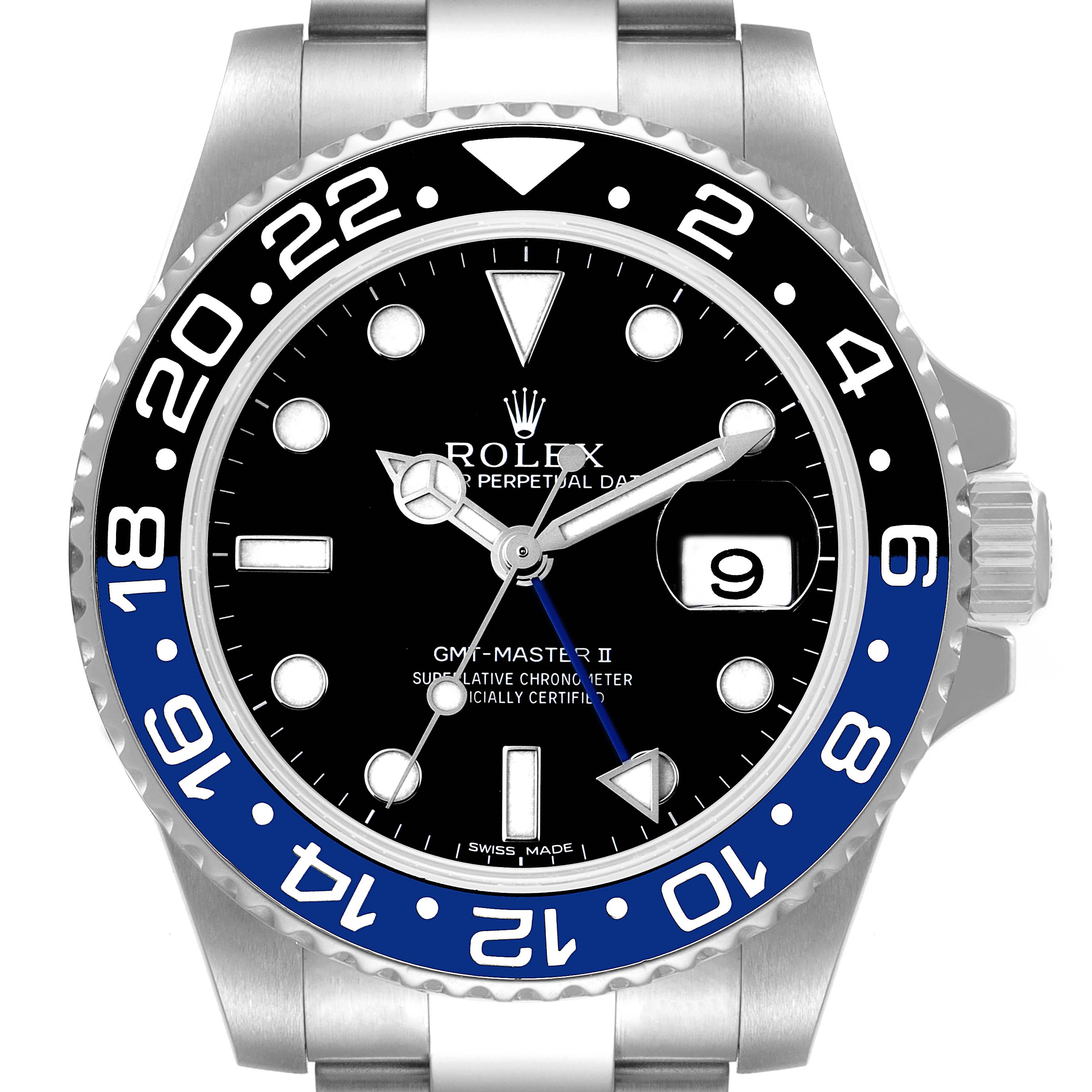 The image shows a front view of a Rolex GMT-Master 116710 Men
s Stainless Steel Black Dial 116710 Men
s Stainless Steel Black Dial II watch, highlighting the bezel, dial, hands, and bracelet.