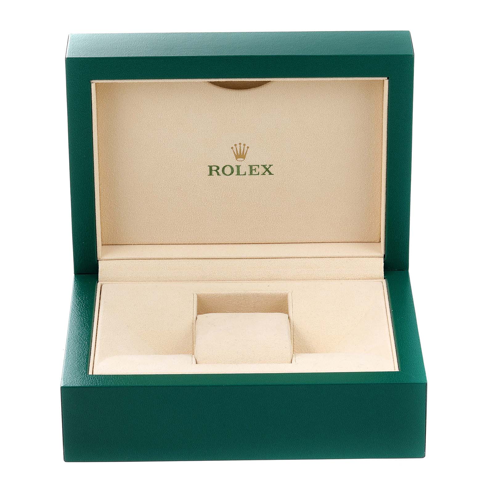 This is the open box for a Rolex GMT-Master 116710 Men
s Stainless Steel Black Dial 116710 Men
s Stainless Steel Black Dial watch, showcasing its green exterior and beige interior with the Rolex logo.