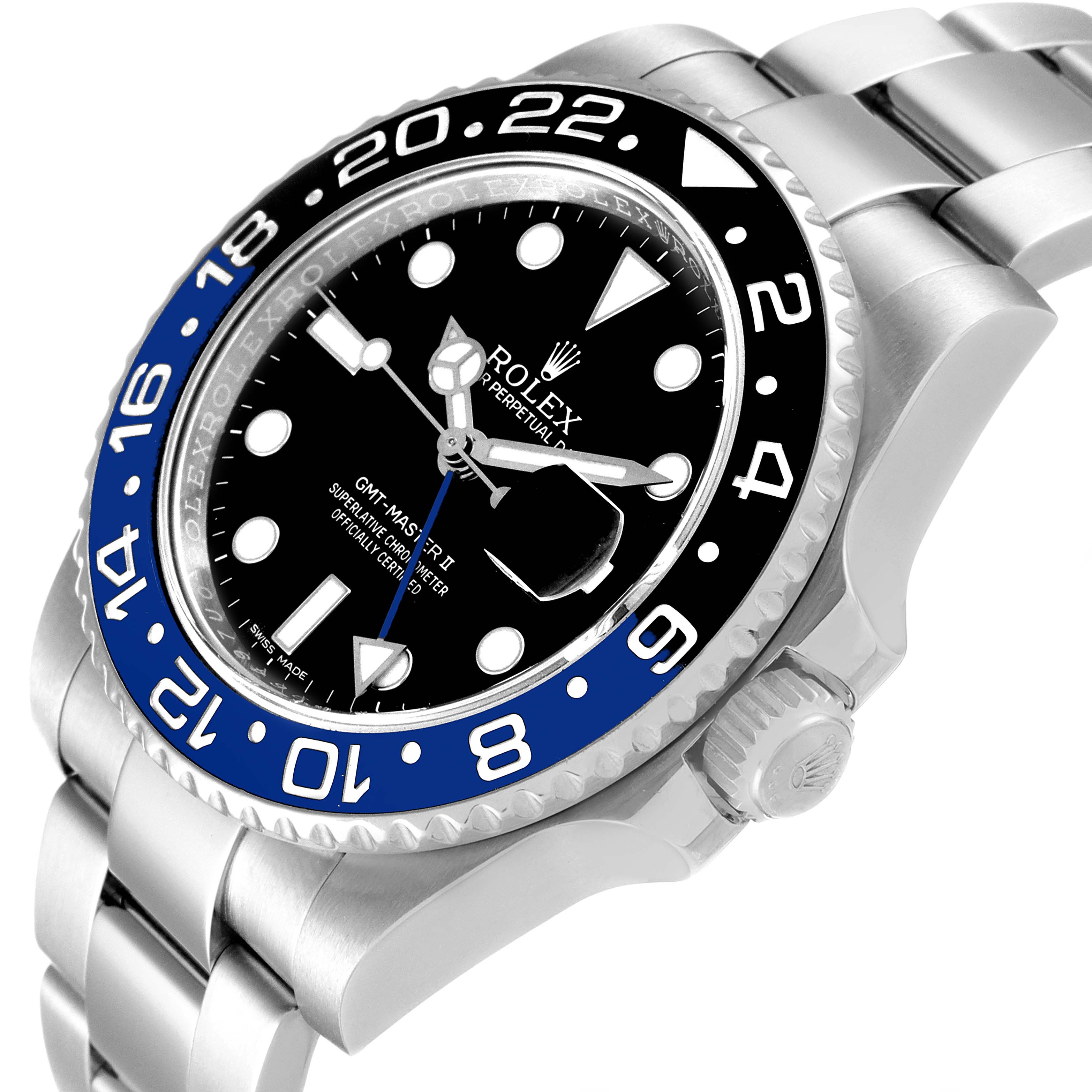 The image shows a Rolex GMT-Master 116710 Men
s Stainless Steel Black Dial 116710 Men
s Stainless Steel Black Dial II watch from an angled side view, highlighting the bezel, crown, and part of the bracelet.