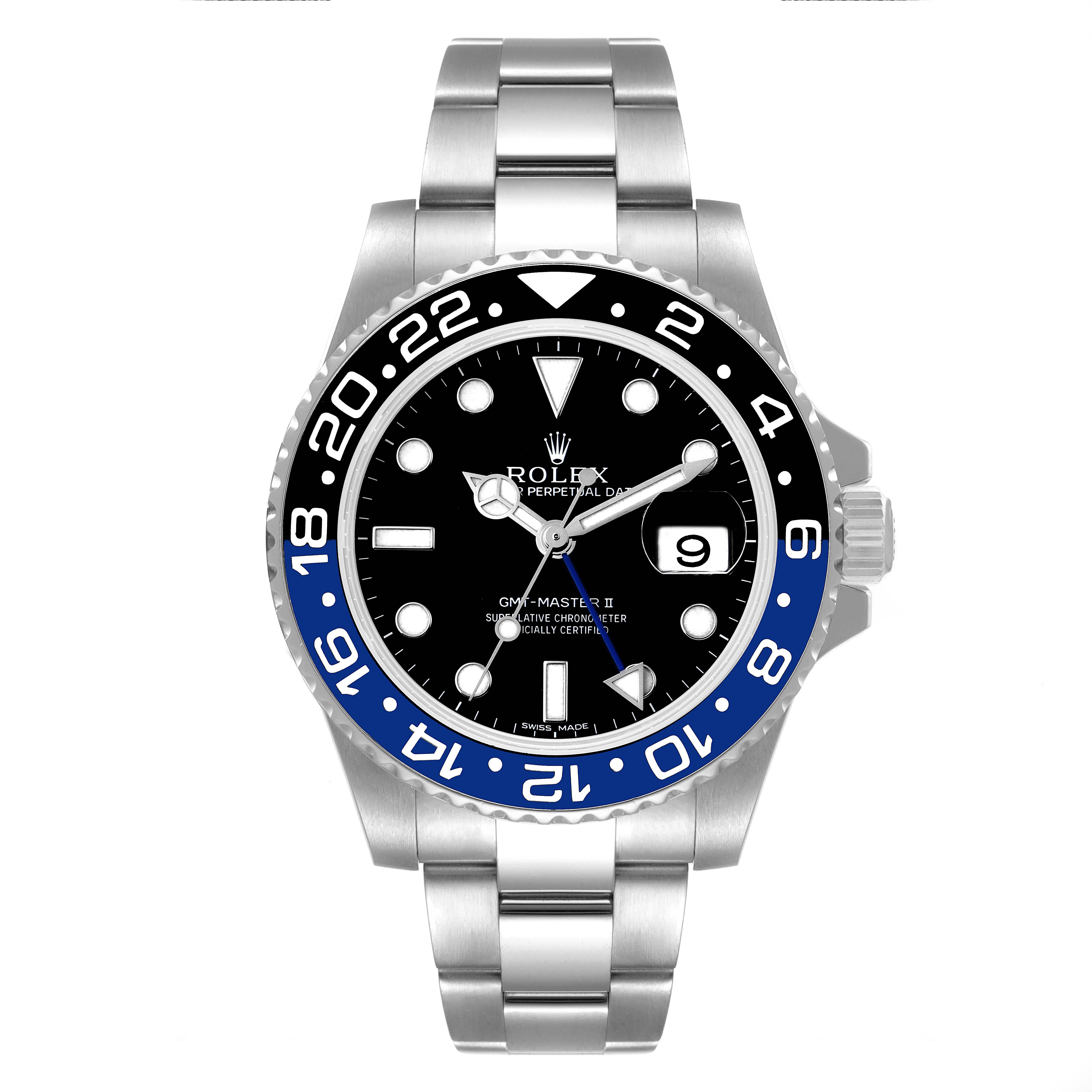 The image shows a front-view angle of the Rolex GMT-Master 116710 Men
s Stainless Steel Black Dial 116710 Men
s Stainless Steel Black Dial II watch, highlighting its bezel, dial, and bracelet.