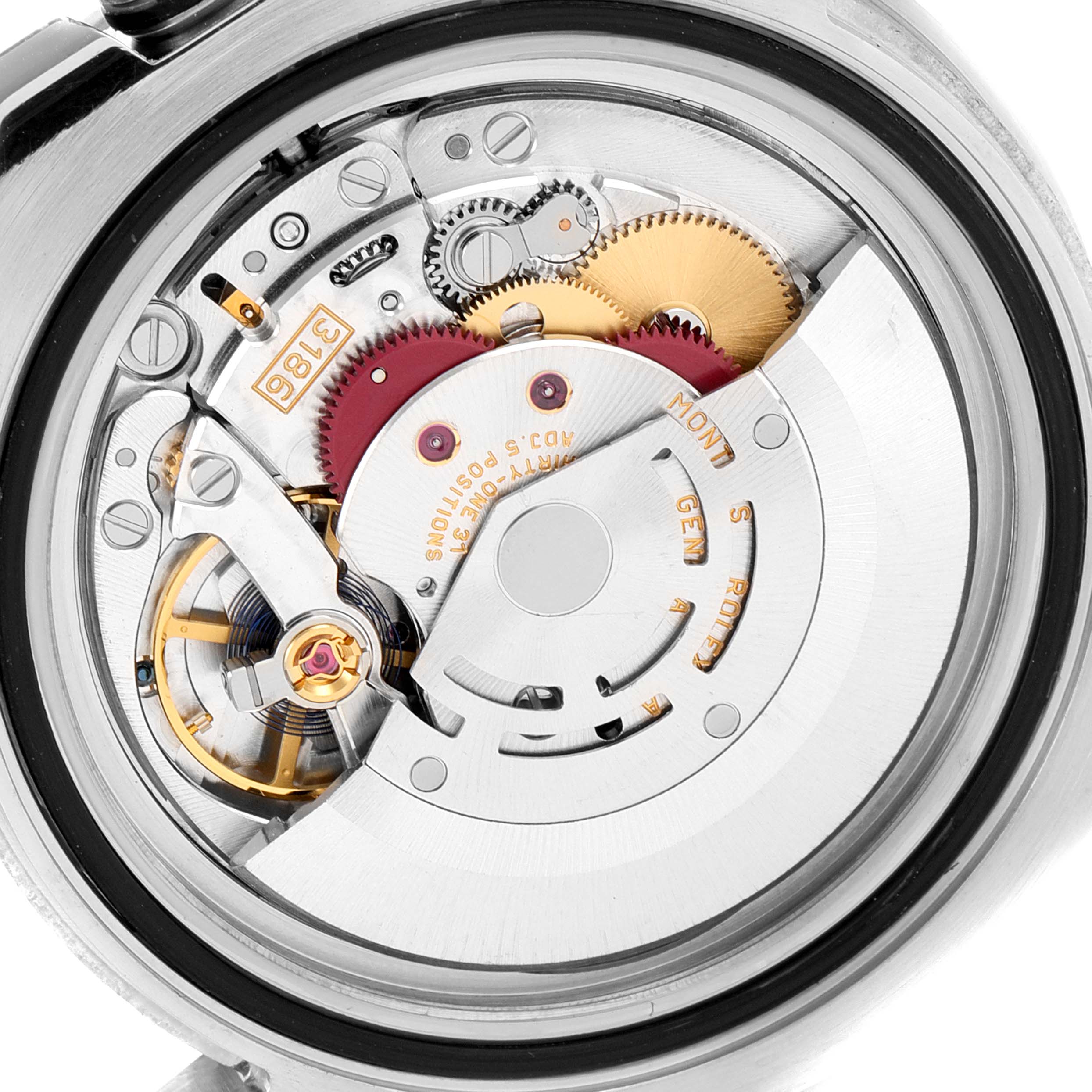 The image shows the intricate internal mechanism of a Rolex GMT-Master 116710 Men
s Stainless Steel Black Dial 116710 Men
s Stainless Steel Black Dial watch, viewed from the back with an exposed case back.