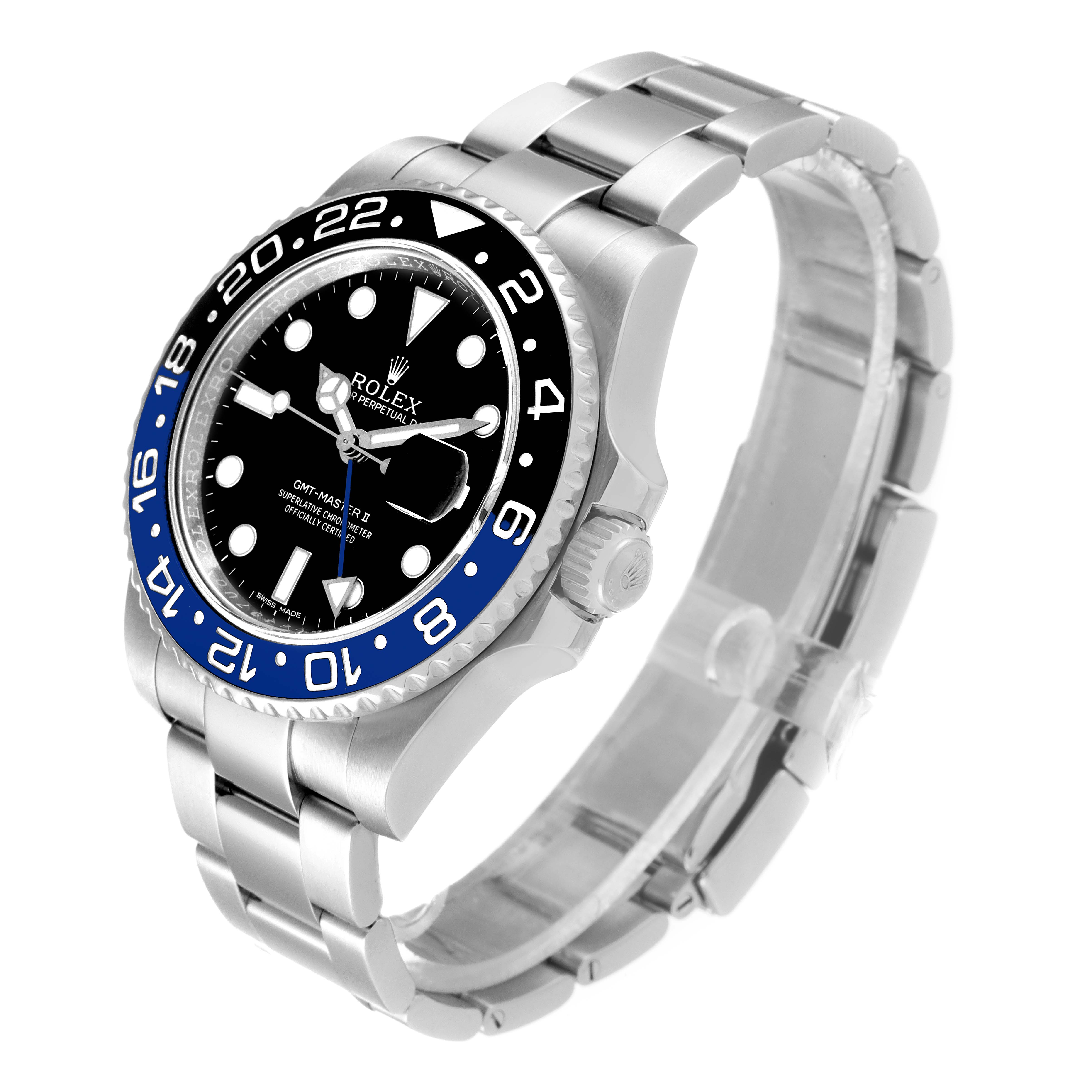 The Rolex GMT-Master 116710 Men
s Stainless Steel Black Dial 116710 Men
s Stainless Steel Black Dial watch is shown from a front-right angle, highlighting its bezel, face, and bracelet.