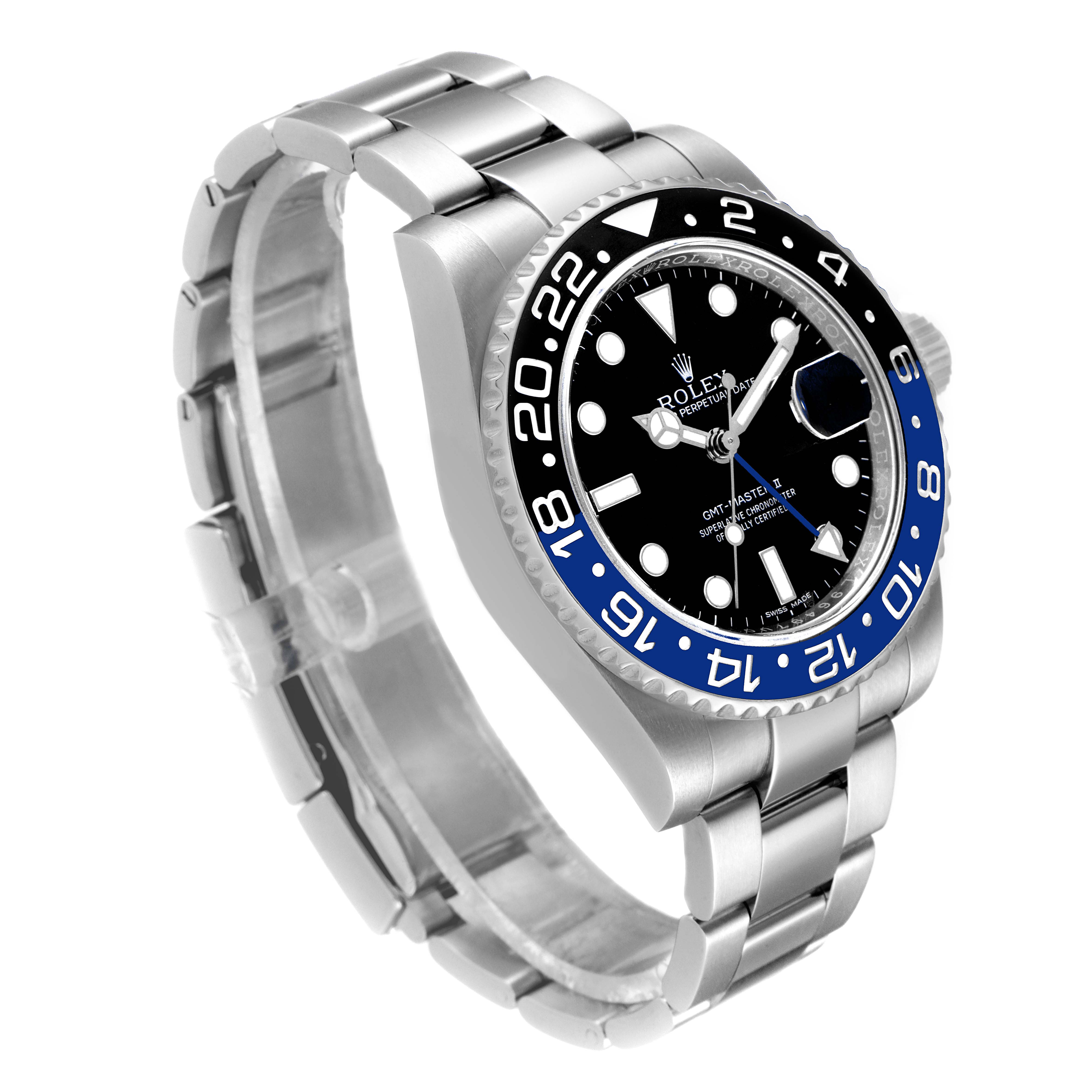 This image shows a Rolex GMT-Master 116710 Men
s Stainless Steel Black Dial 116710 Men
s Stainless Steel Black Dial from a three-quarter angle displaying the face, bezel, and part of the bracelet.