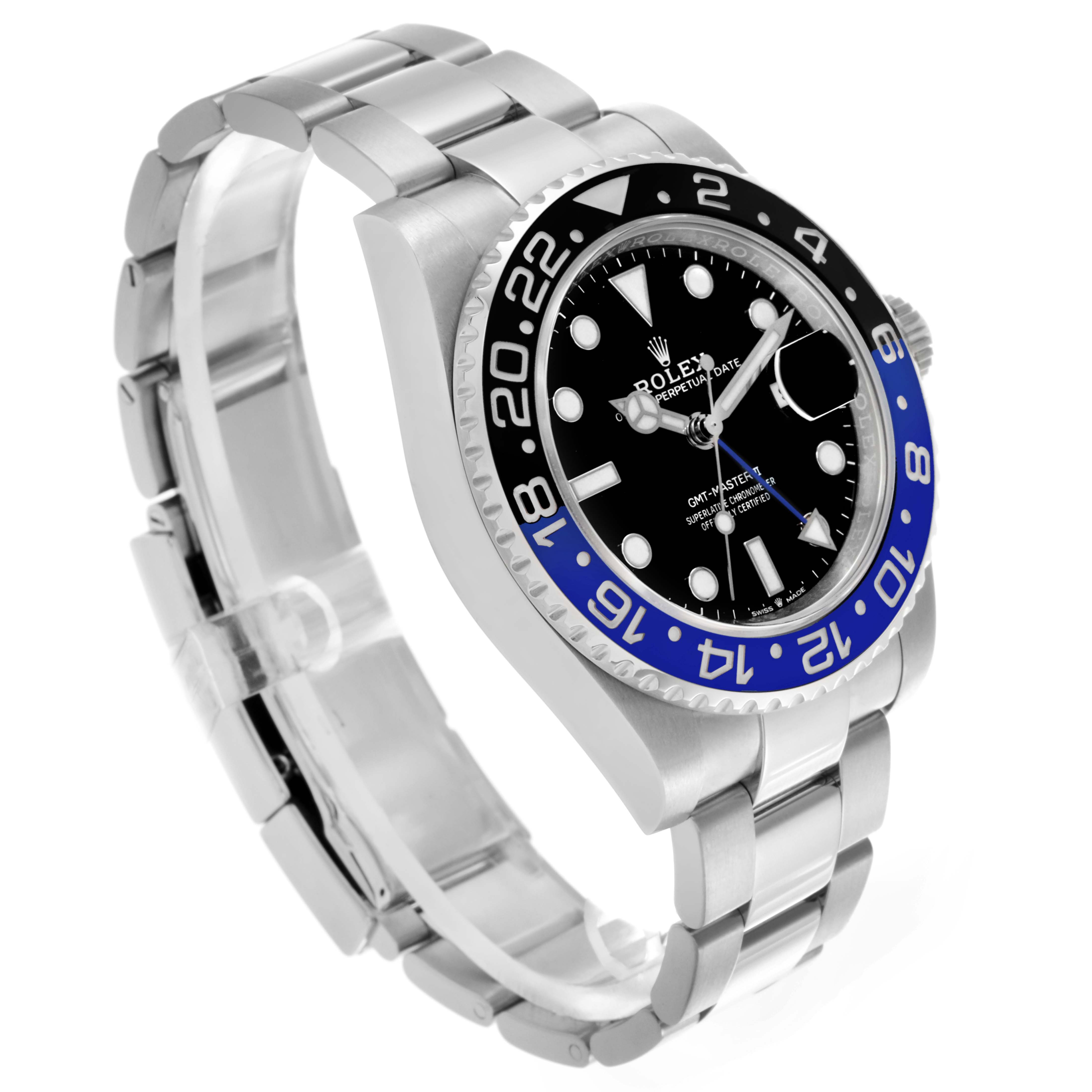 The Rolex GMT-Master 126710BLNR Men
s Stainless Steel Black Dial 126710BLNR Men
s Stainless Steel Black Dial watch is shown at a three-quarter angle, highlighting the bezel, dial, and bracelet.