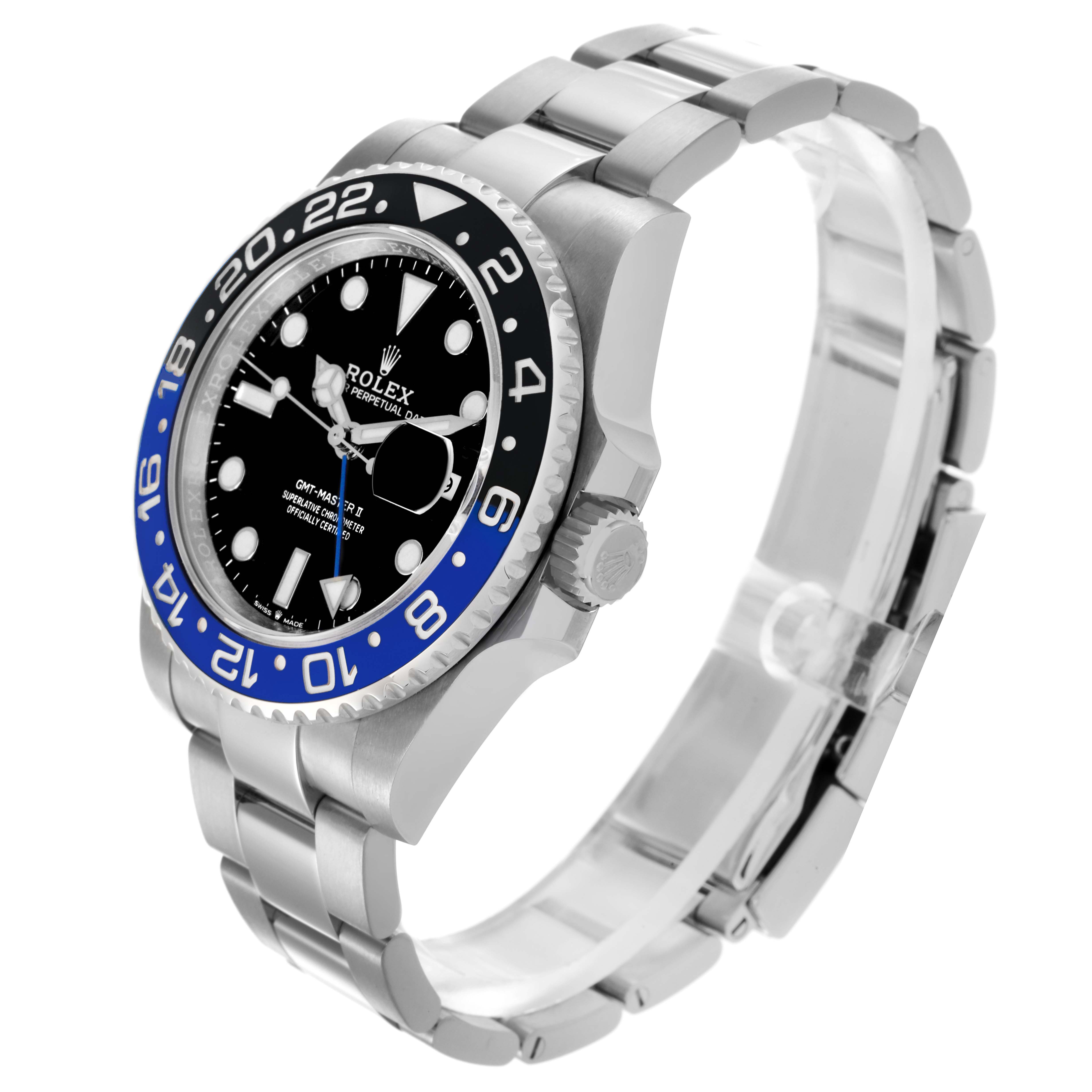 This image shows a side angle of the Rolex GMT-Master 126710BLNR Men
s Stainless Steel Black Dial 126710BLNR Men
s Stainless Steel Black Dial watch, highlighting the bezel, crown, and bracelet.